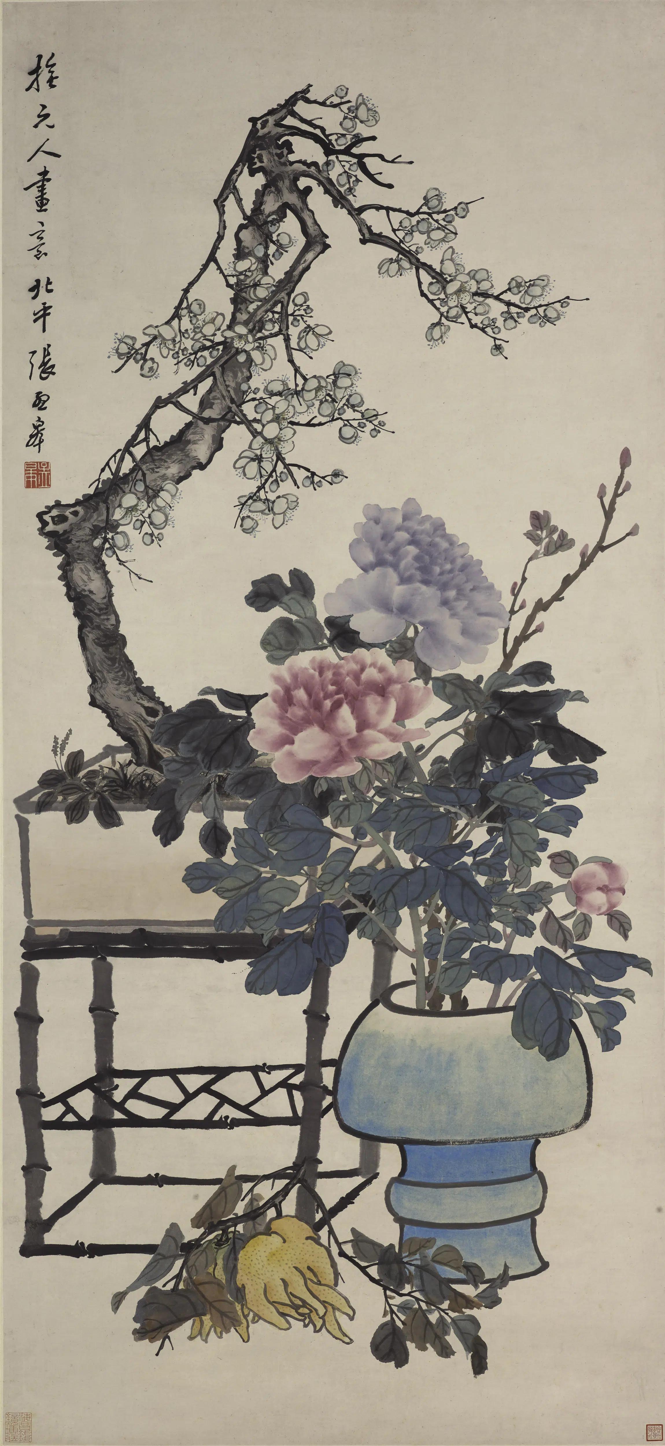 清代【张孟皋】《牡丹梅花图轴》
