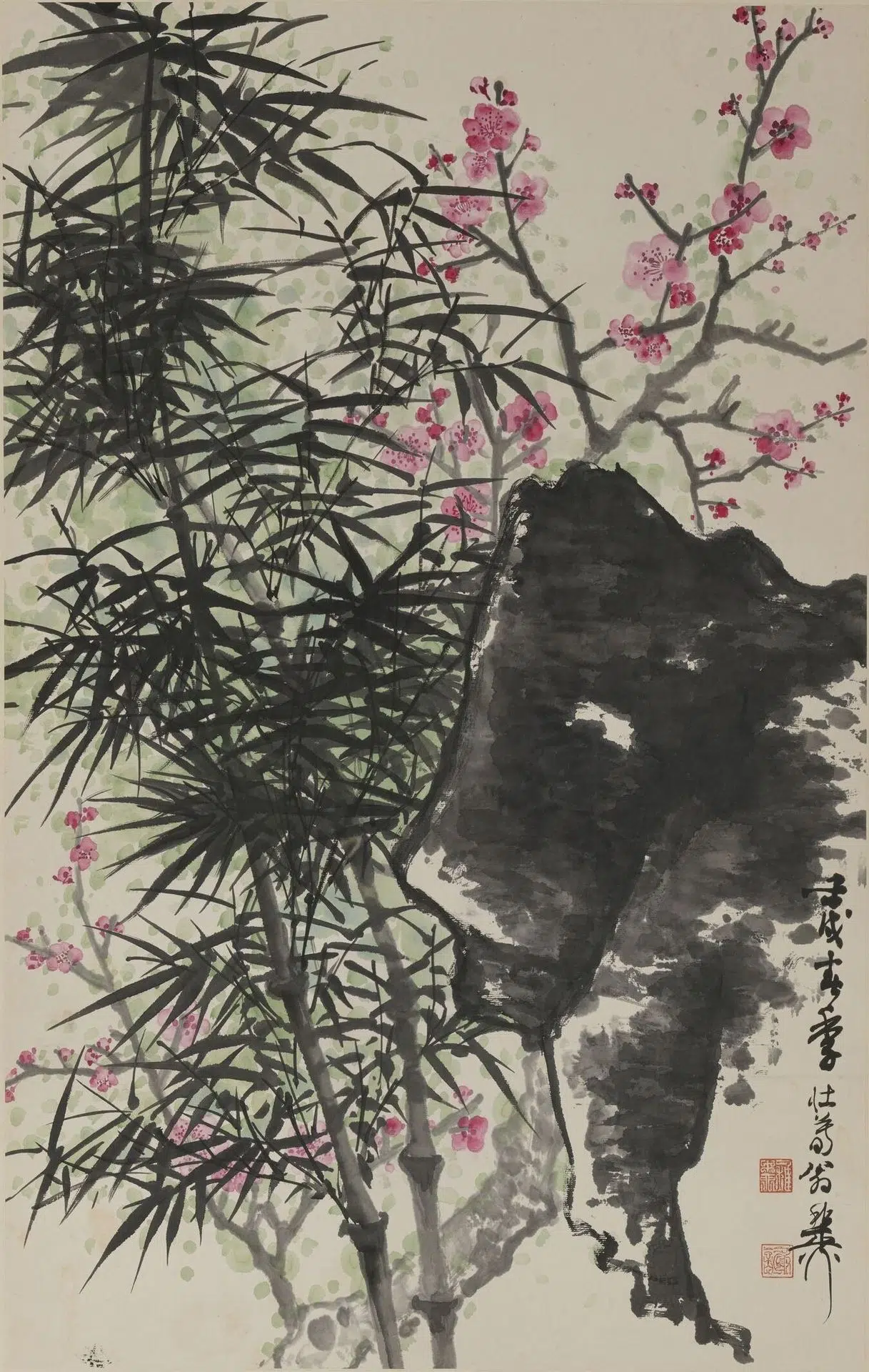 近现代【谢稚柳】《红梅竹石图轴》