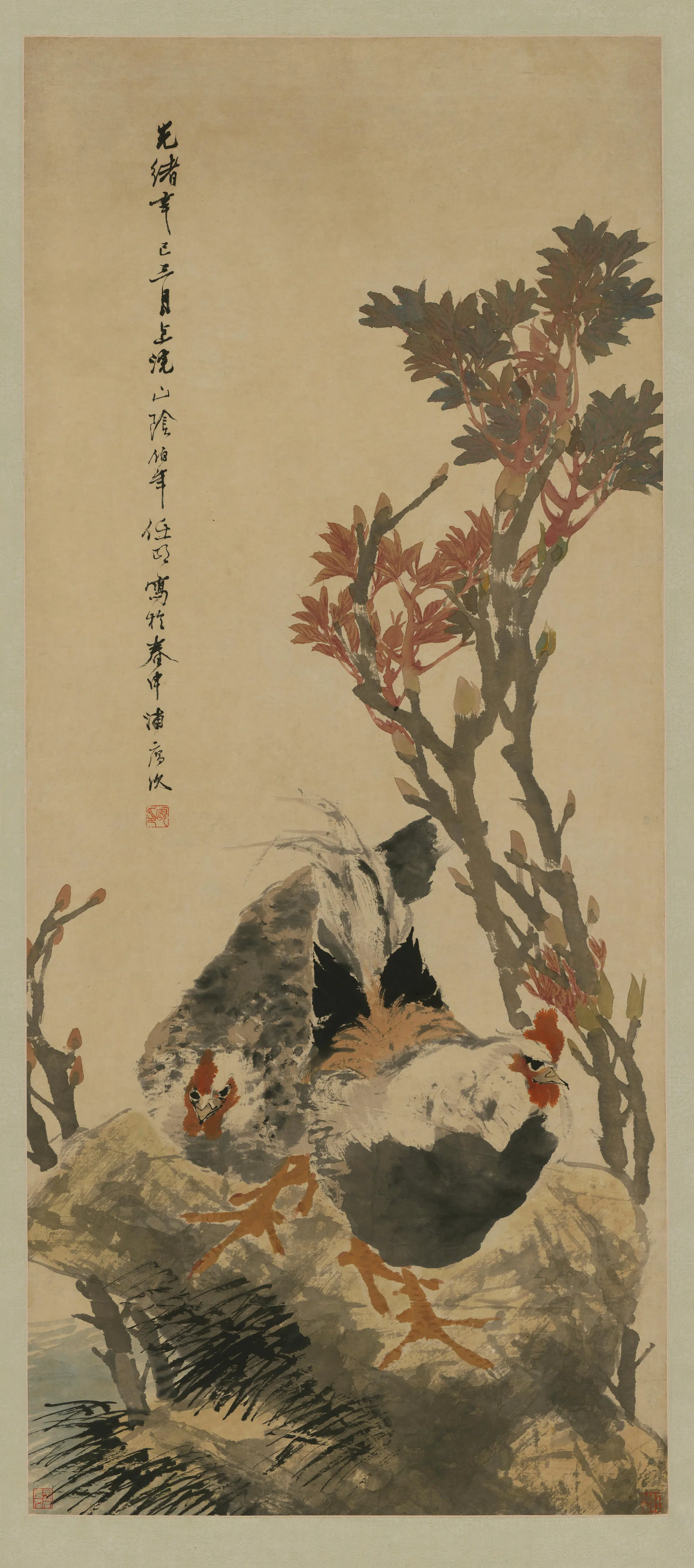 清代【任颐】《牡丹双鸡图轴》