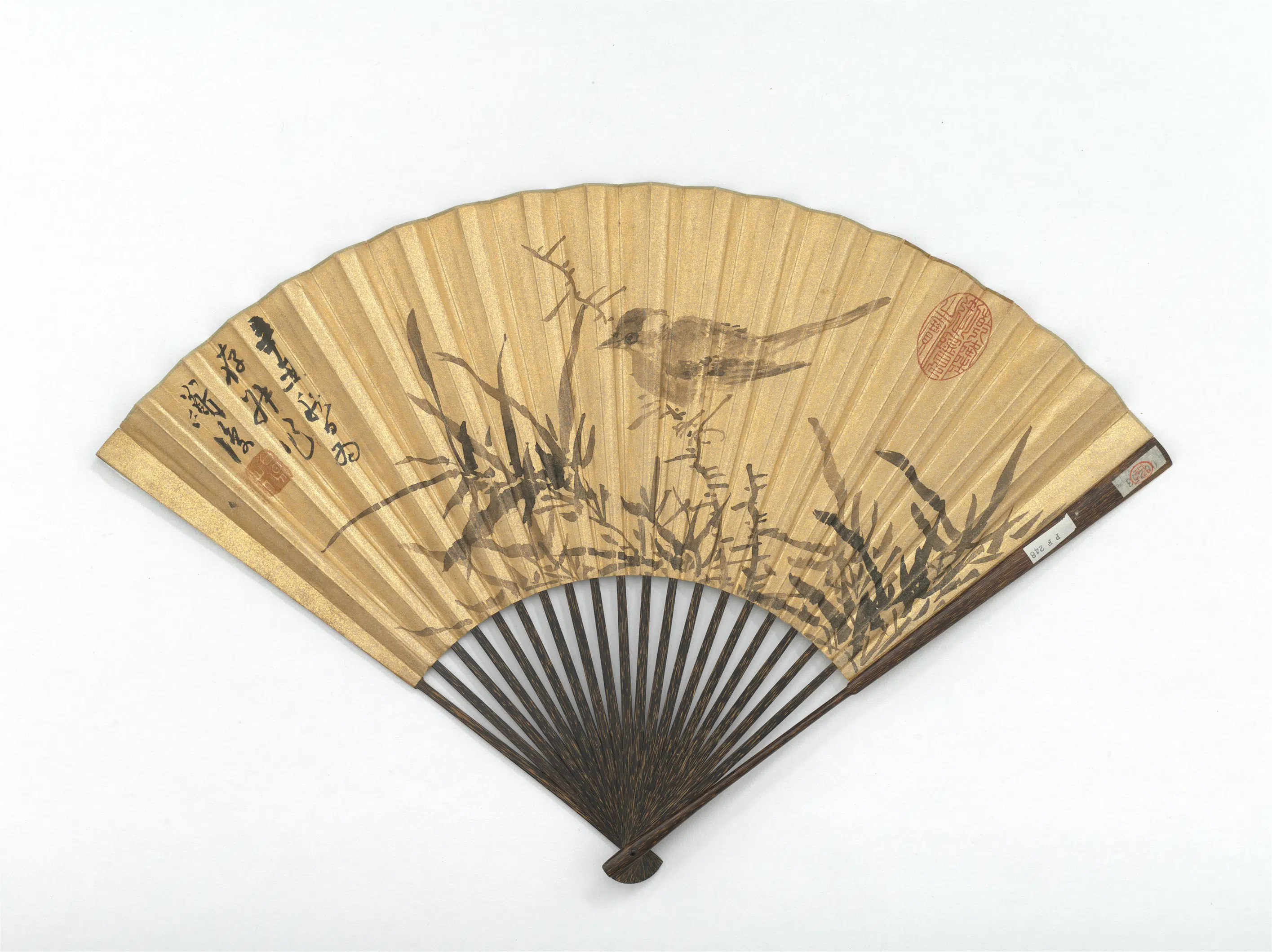明朝【陈淳（道复）】《画竹枝山鸟并自书五言古诗-成扇》