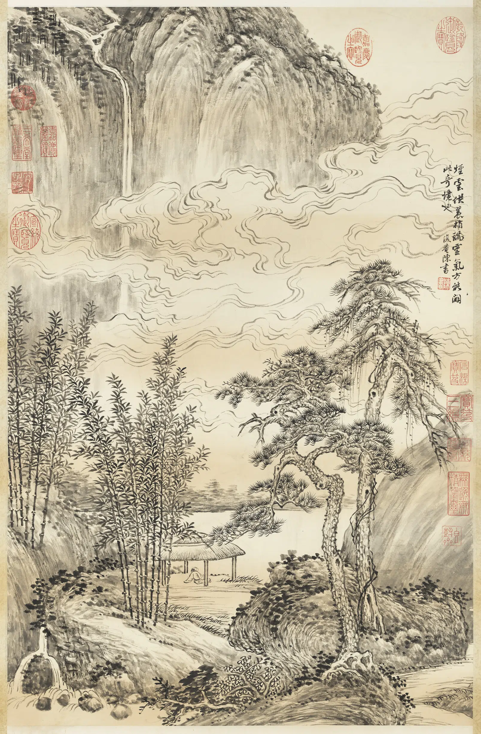 清代【陈书】《看云对瀑图轴》