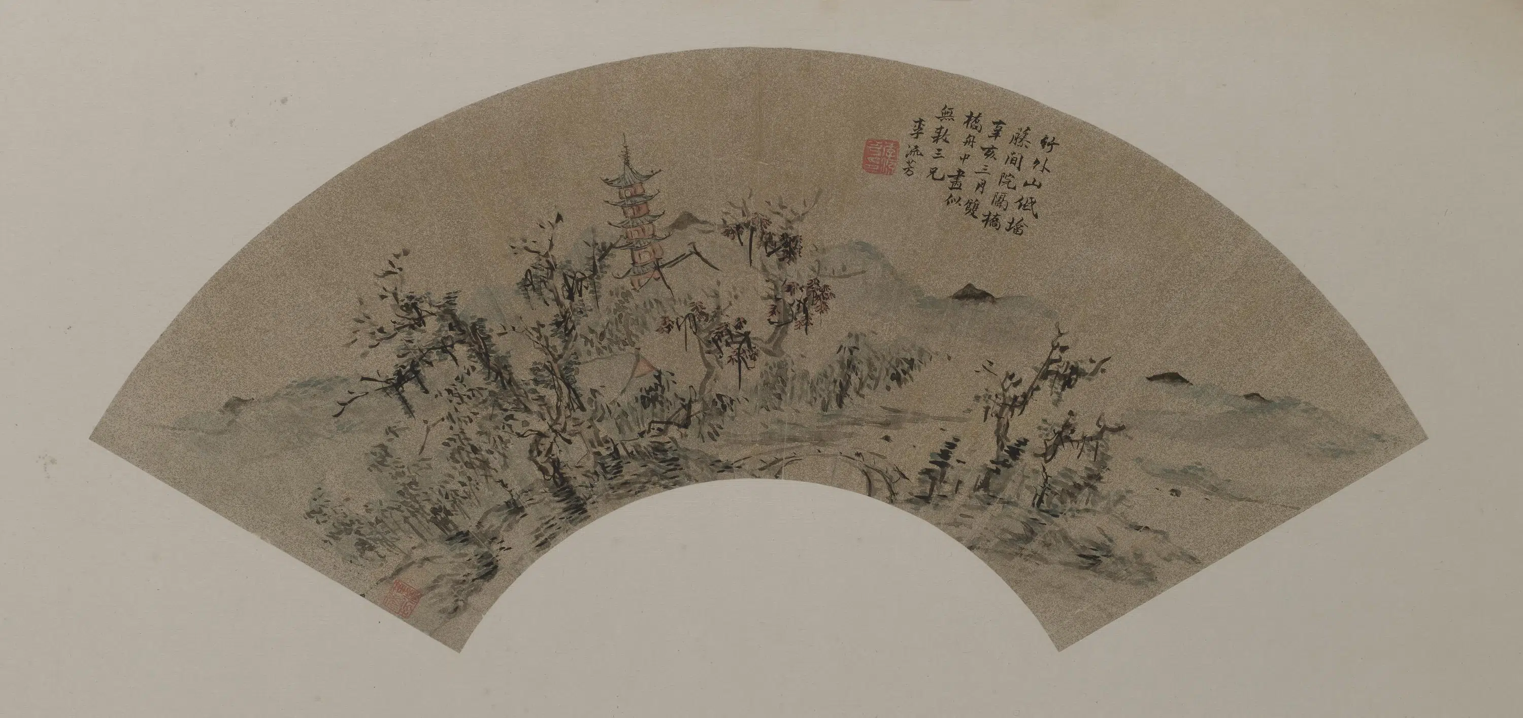 明朝【李流芳】《隔桥塔影图扇页》