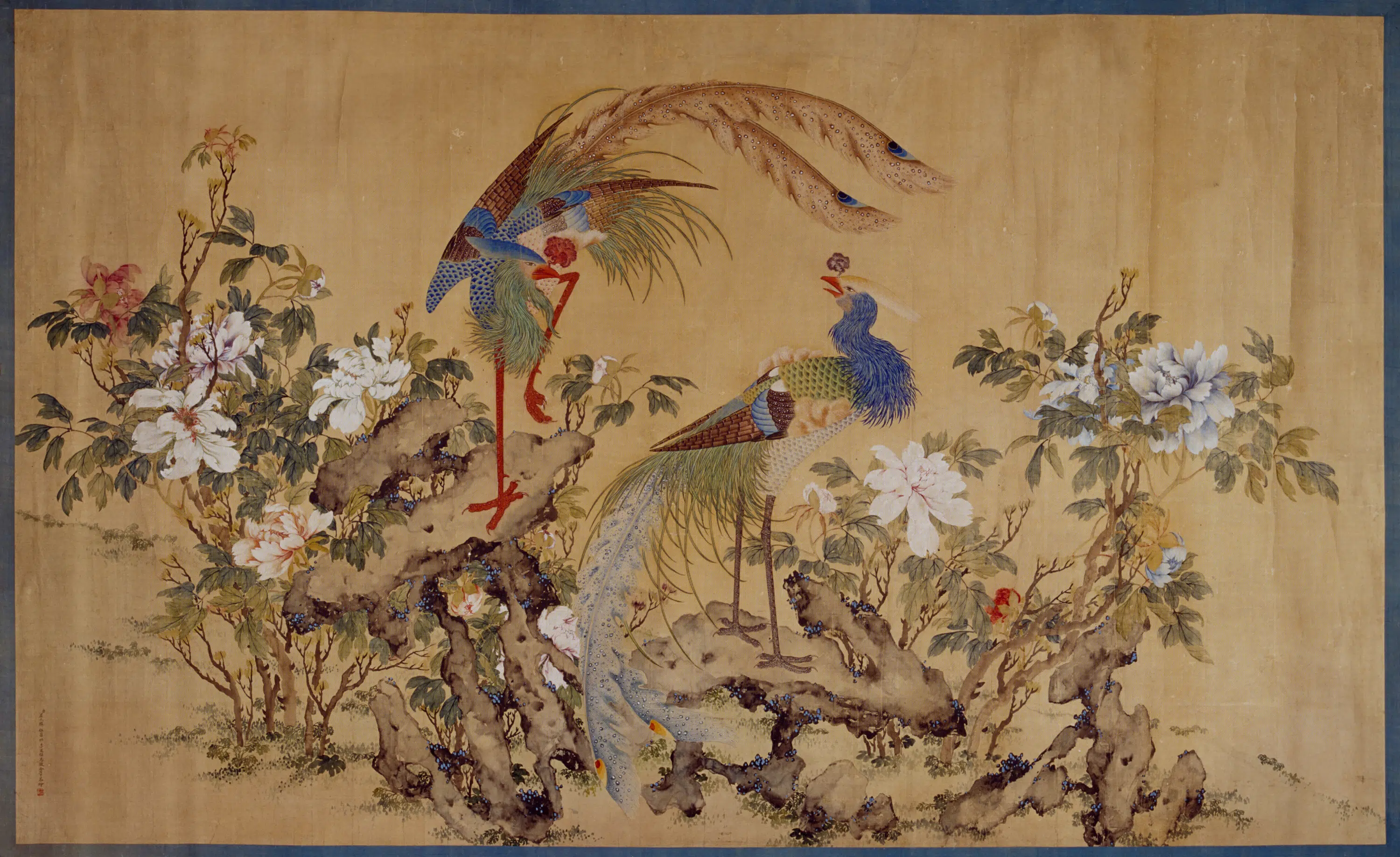 清代【屈兆麟】《伍葆恒等合画双凤牡丹贴落》