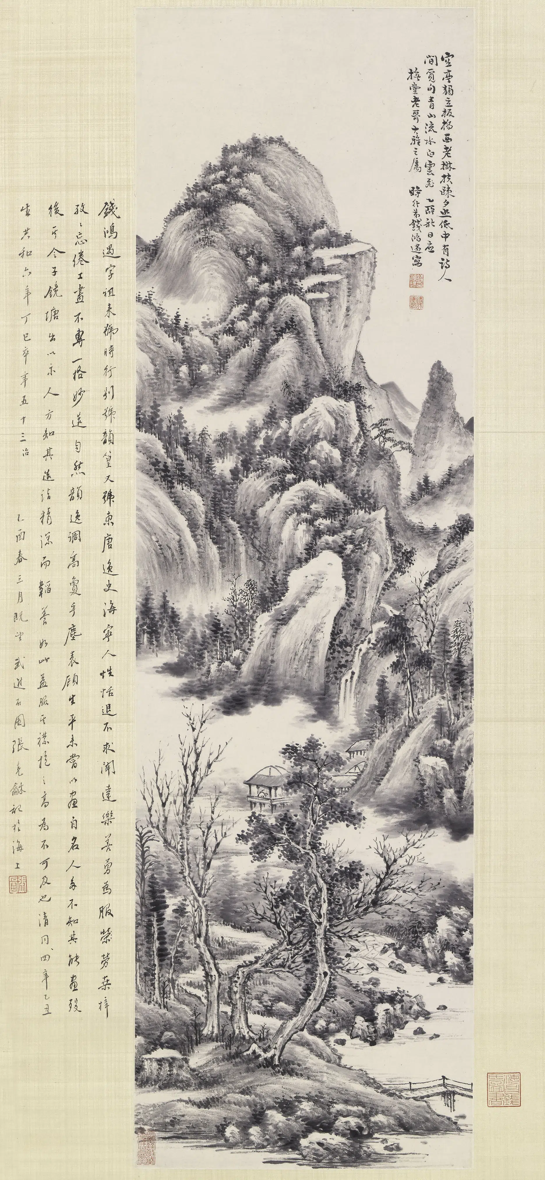 近现代【钱鸿遇】《溪亭觅句图轴》