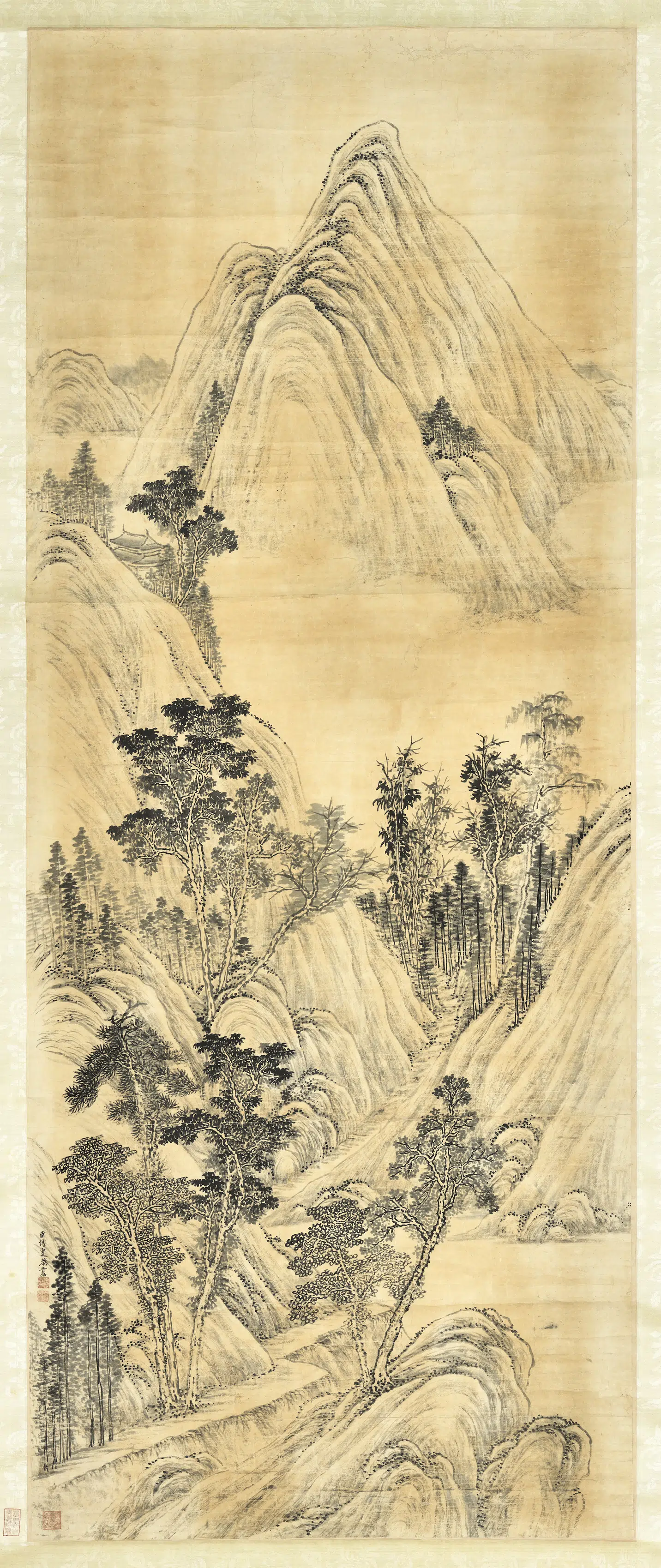 清代【傅雯】《寒山萧寺图轴》