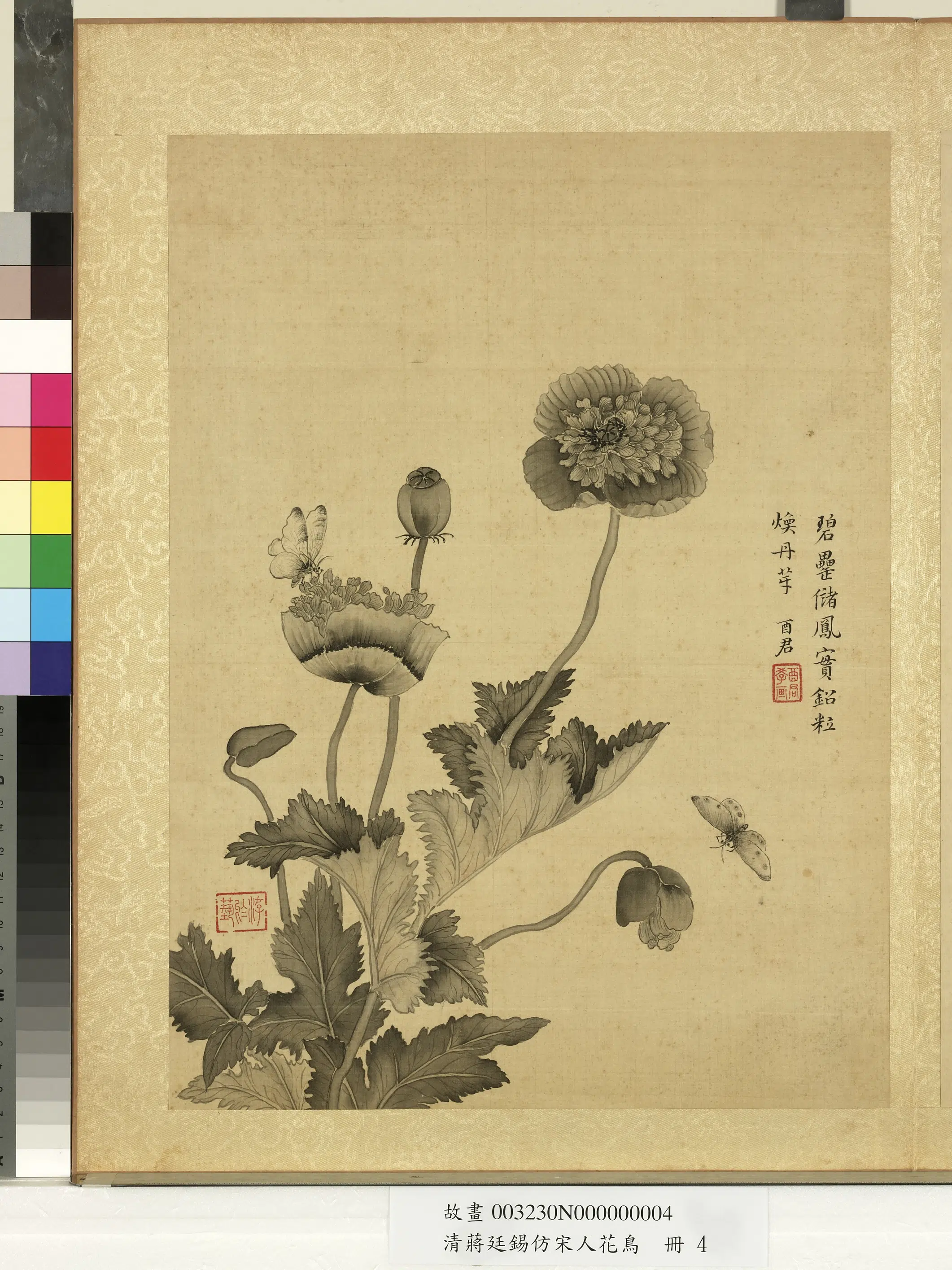 清代【蒋廷锡】《仿宋人花鸟册-罂粟来蝶》