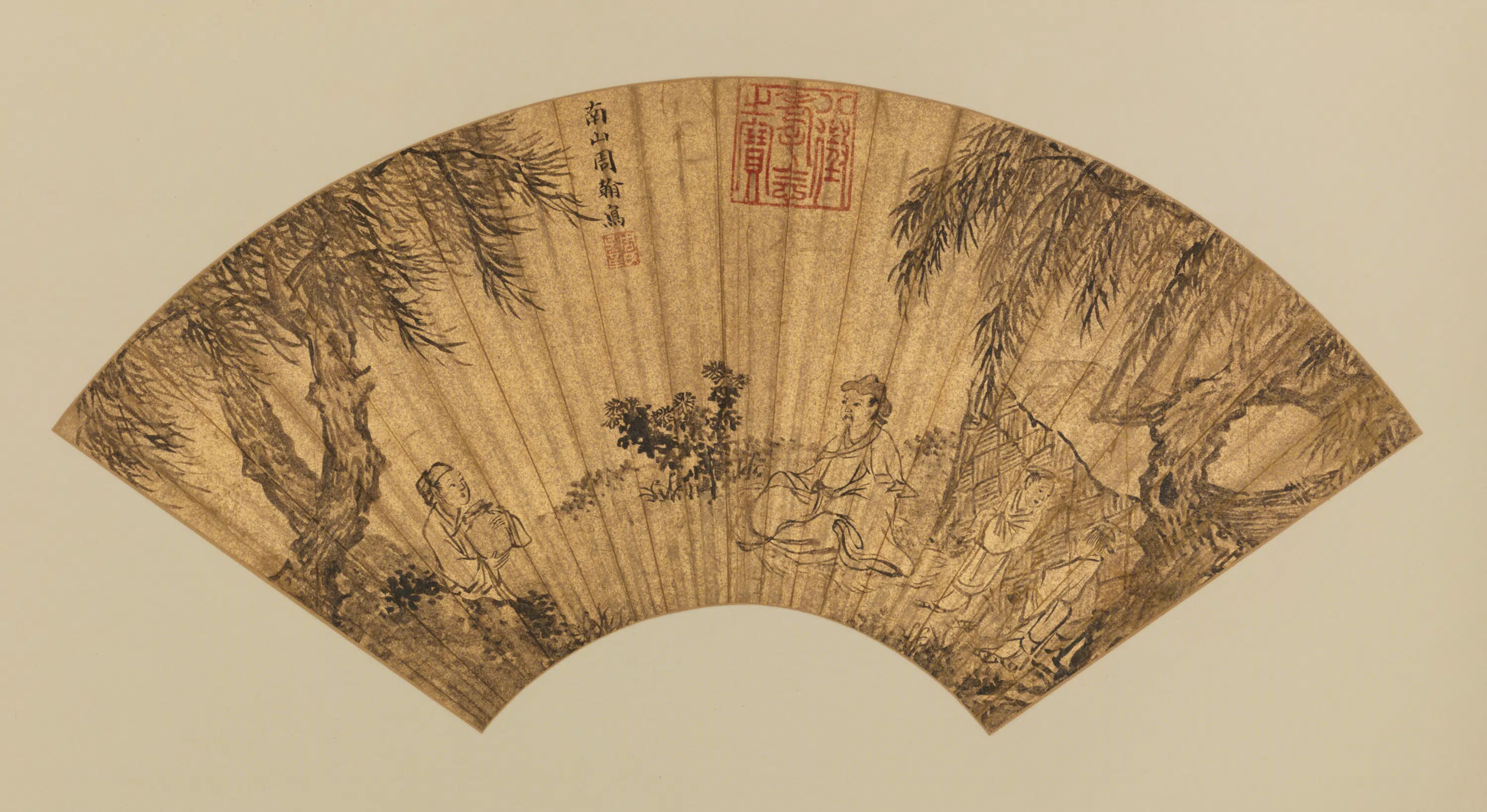 明朝【周翰】《山水人物扇页》