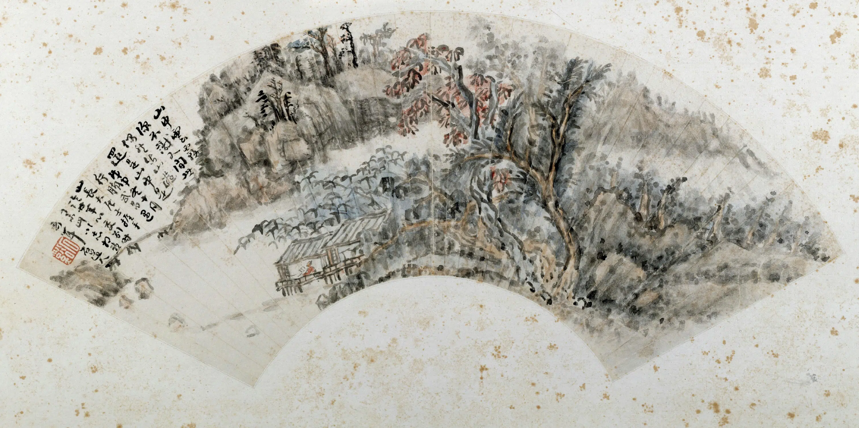 清代【髡残(石谿)】《溪阁读书图扇页》