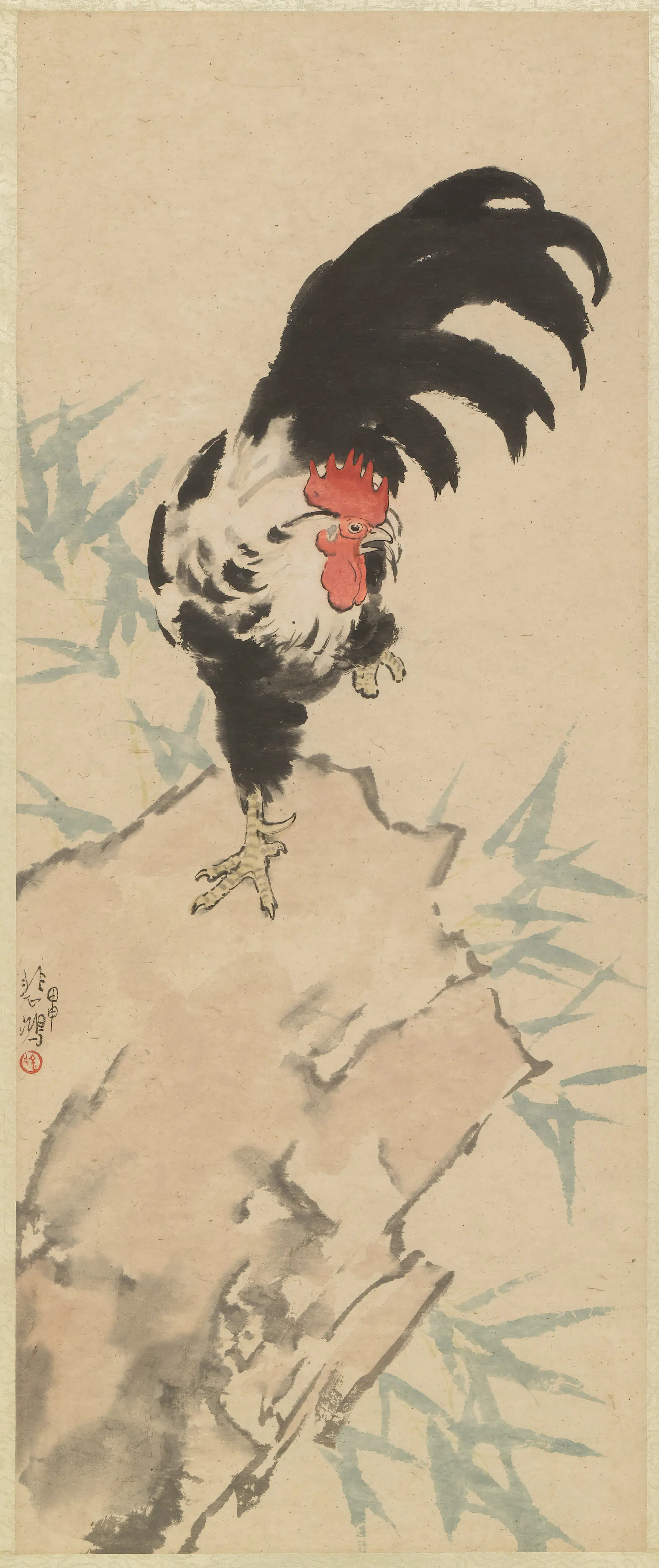 近现代【徐悲鸿】《雄鸡竹石图轴》