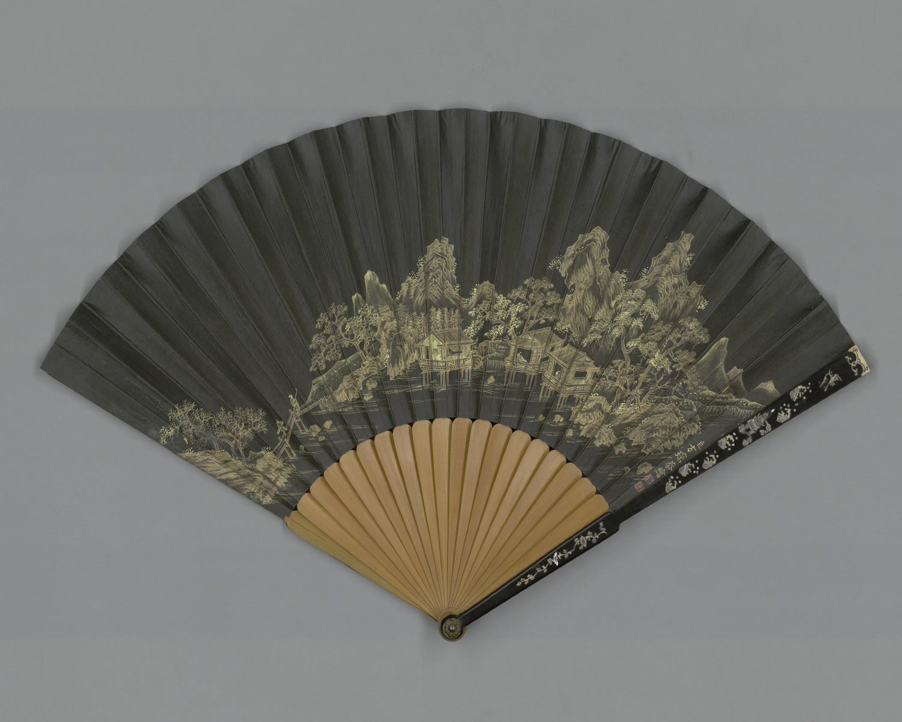 清代【方琮】《画山水董诰临米芾书跋成扇》