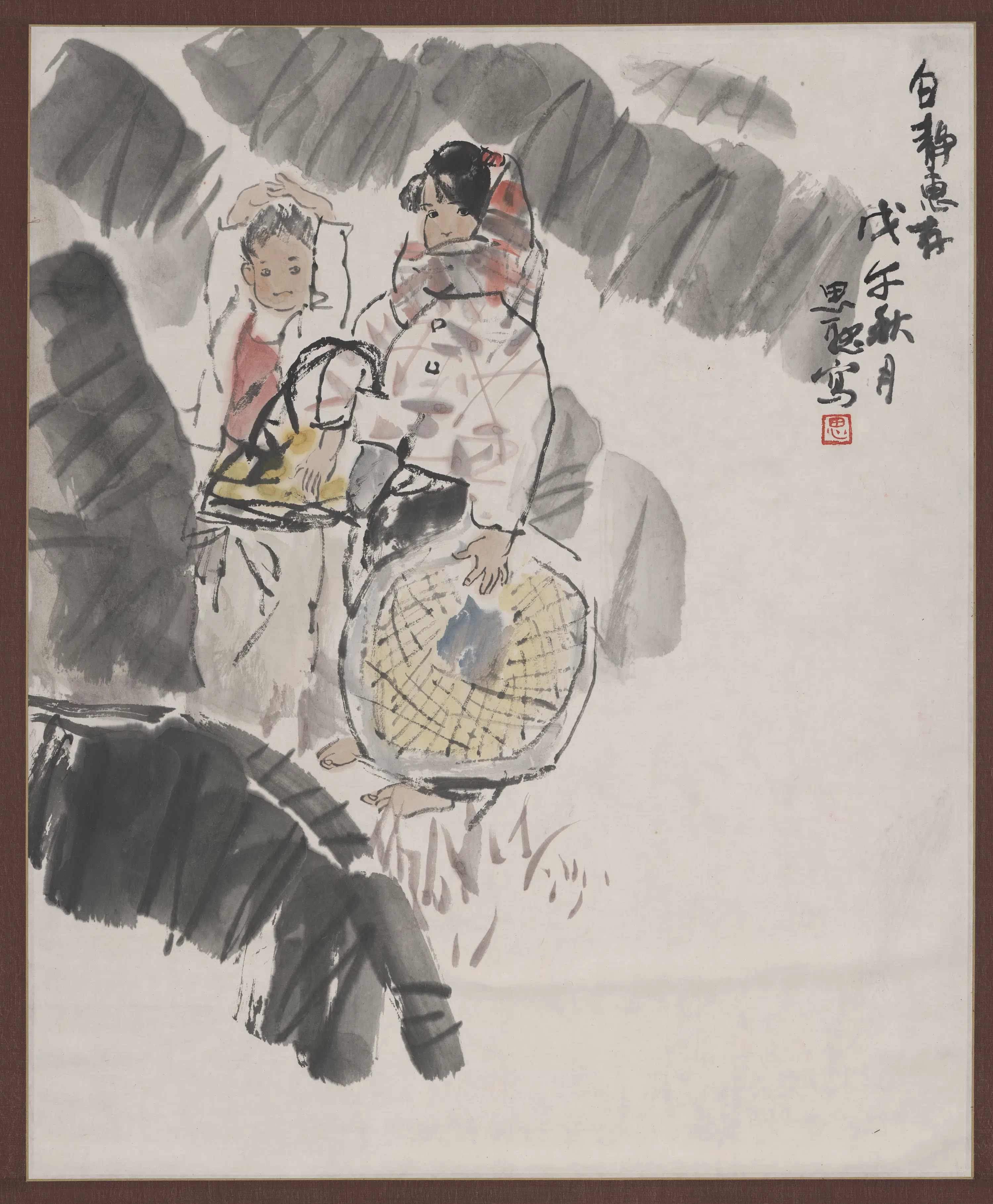 近现代【周思聪】《芭蕉童孩图轴》