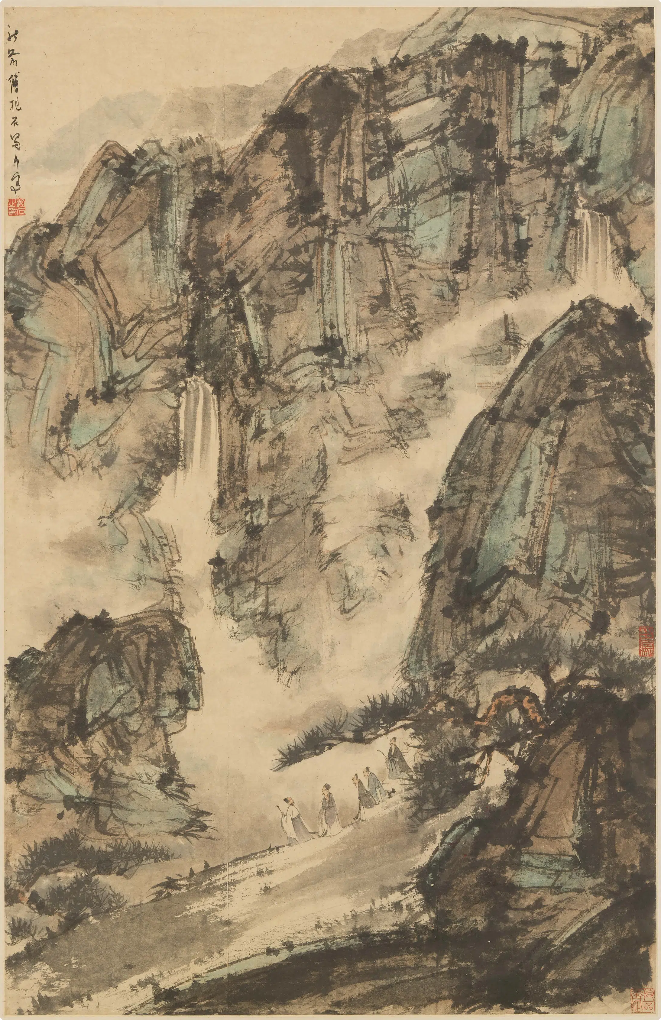 近现代【傅抱石】《幽谷听瀑图轴》