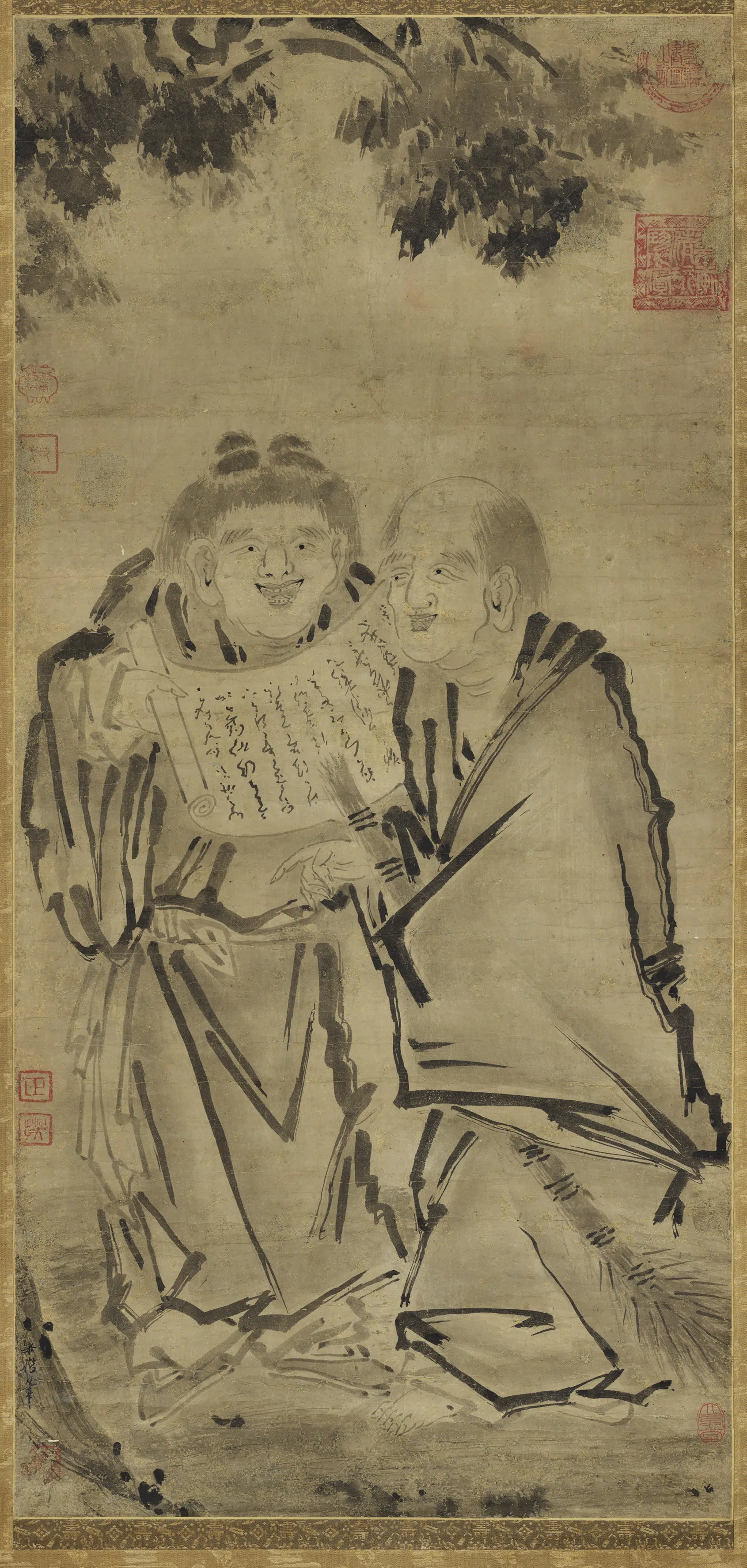 南宋【梁楷】《寒山拾得图轴》