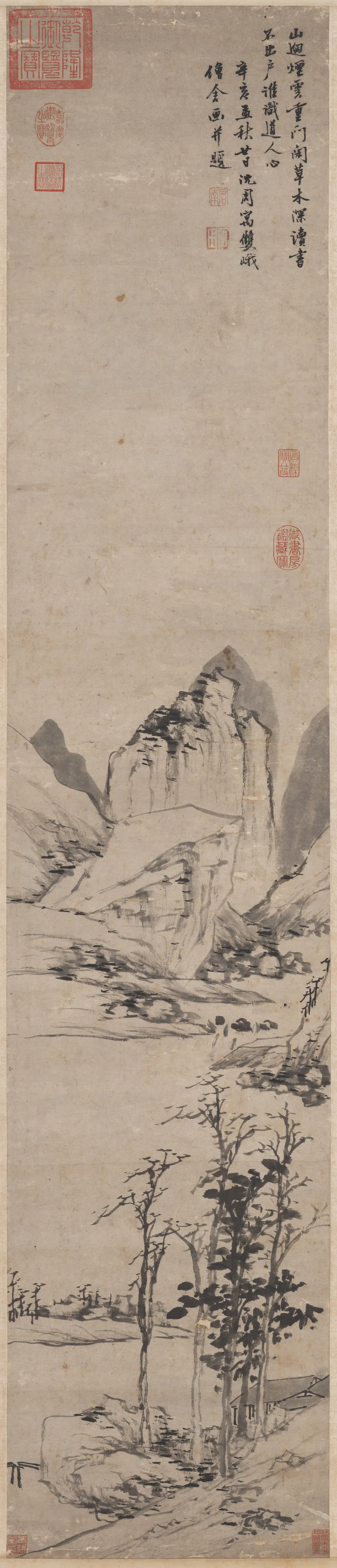 明朝【沈周】《秋林读书图轴》