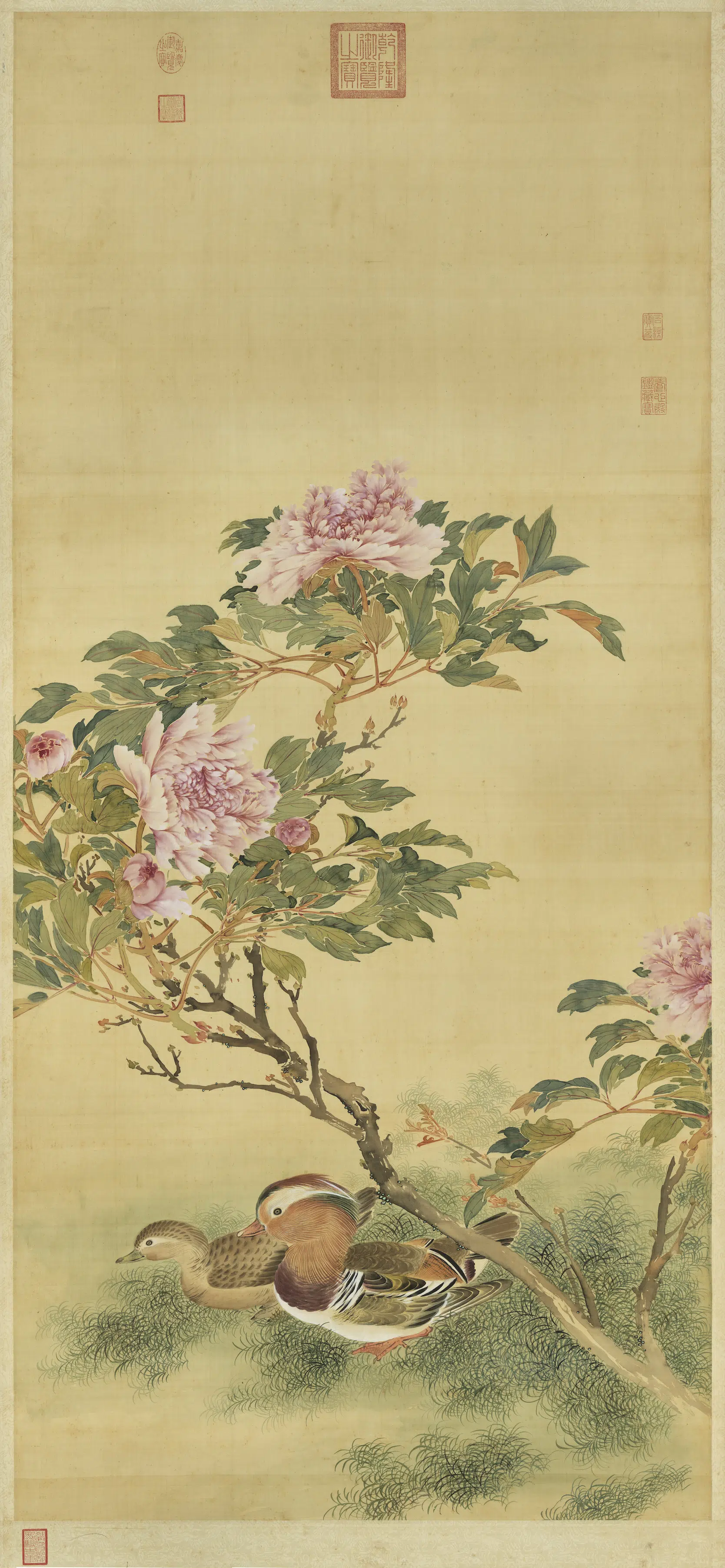 明朝《明人花下双鸳图轴》