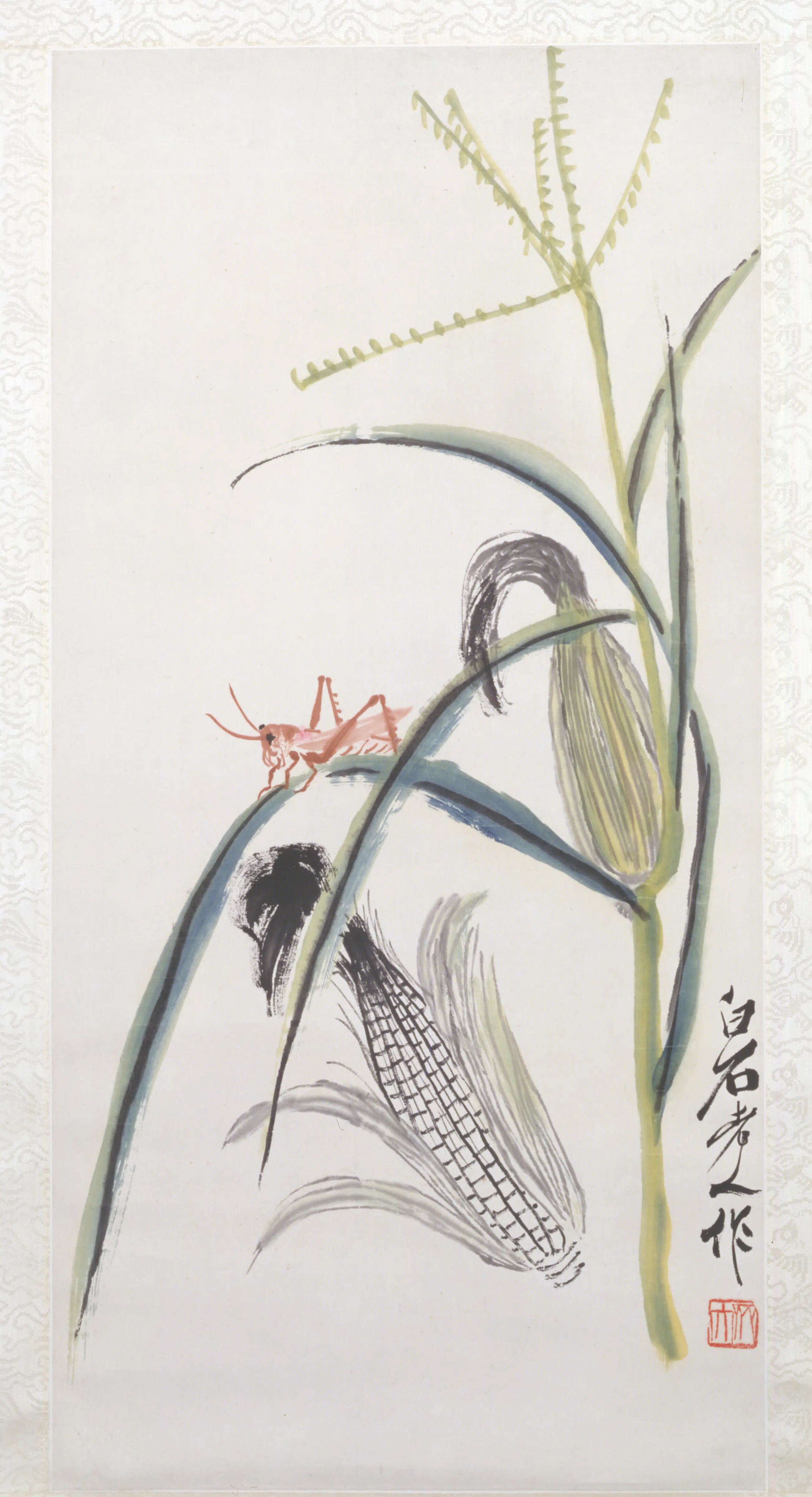 近现代【齐白石】《玉米秋蝗轴》