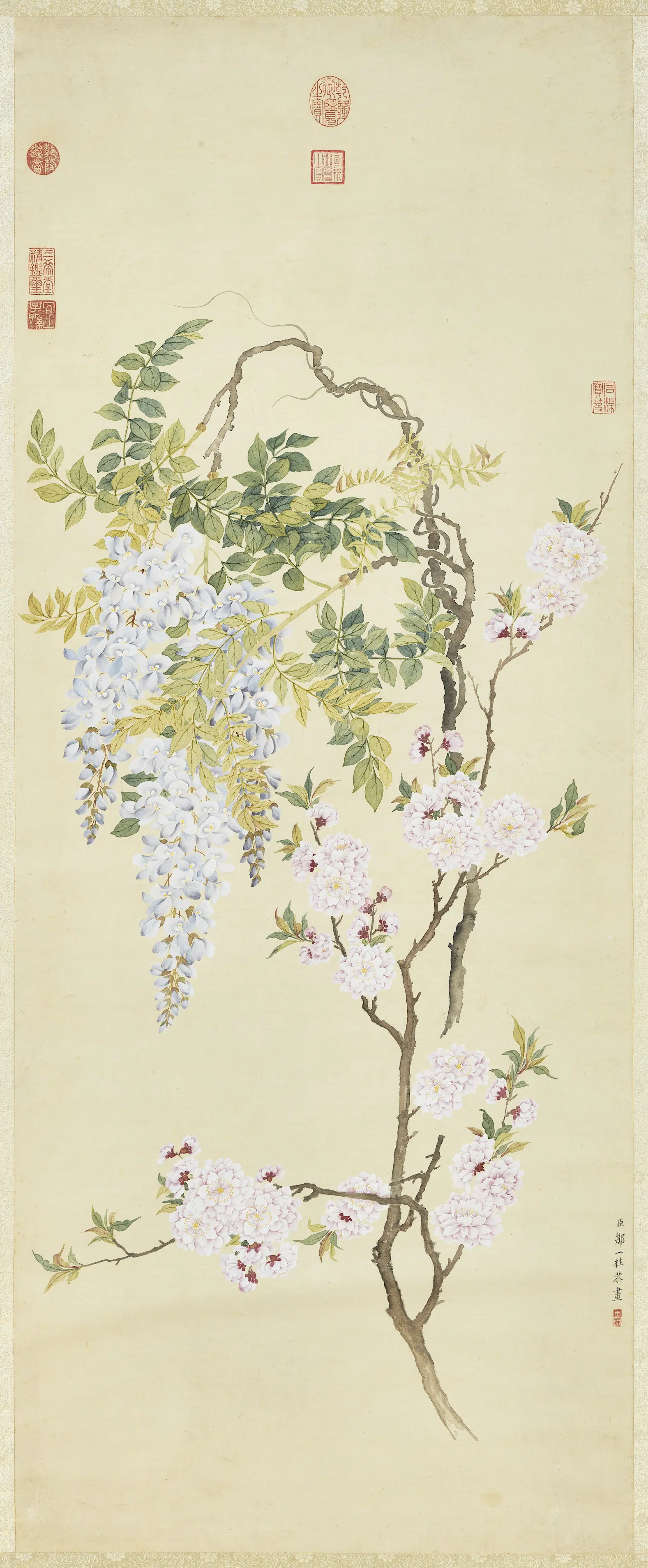 清代【邹一桂】《画碧桃紫藤图轴》