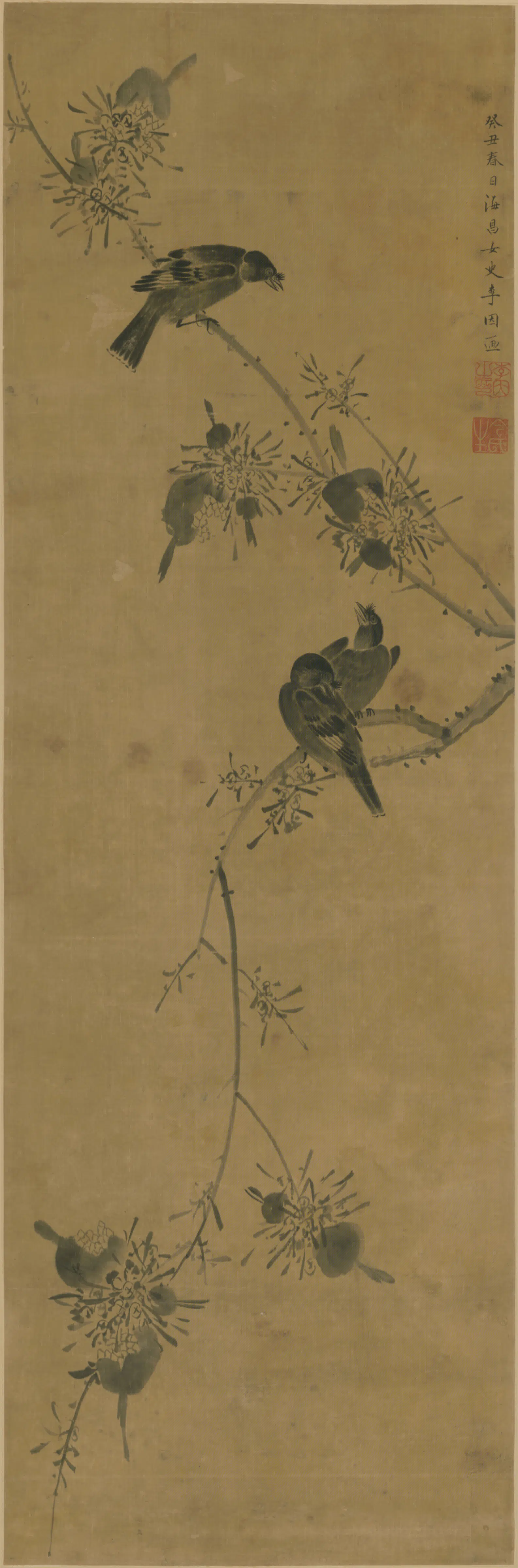 明朝【李因】《石榴八哥图轴》