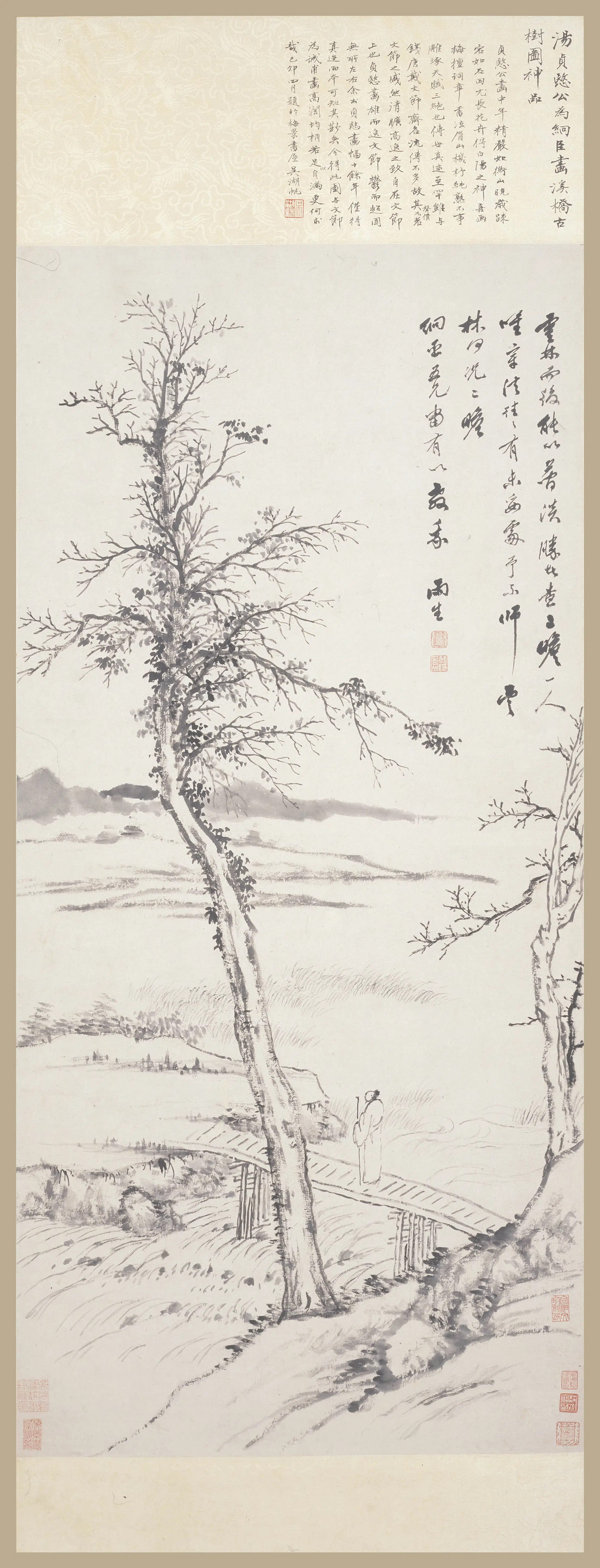 清代【汤贻汾】《溪桥古树图轴》