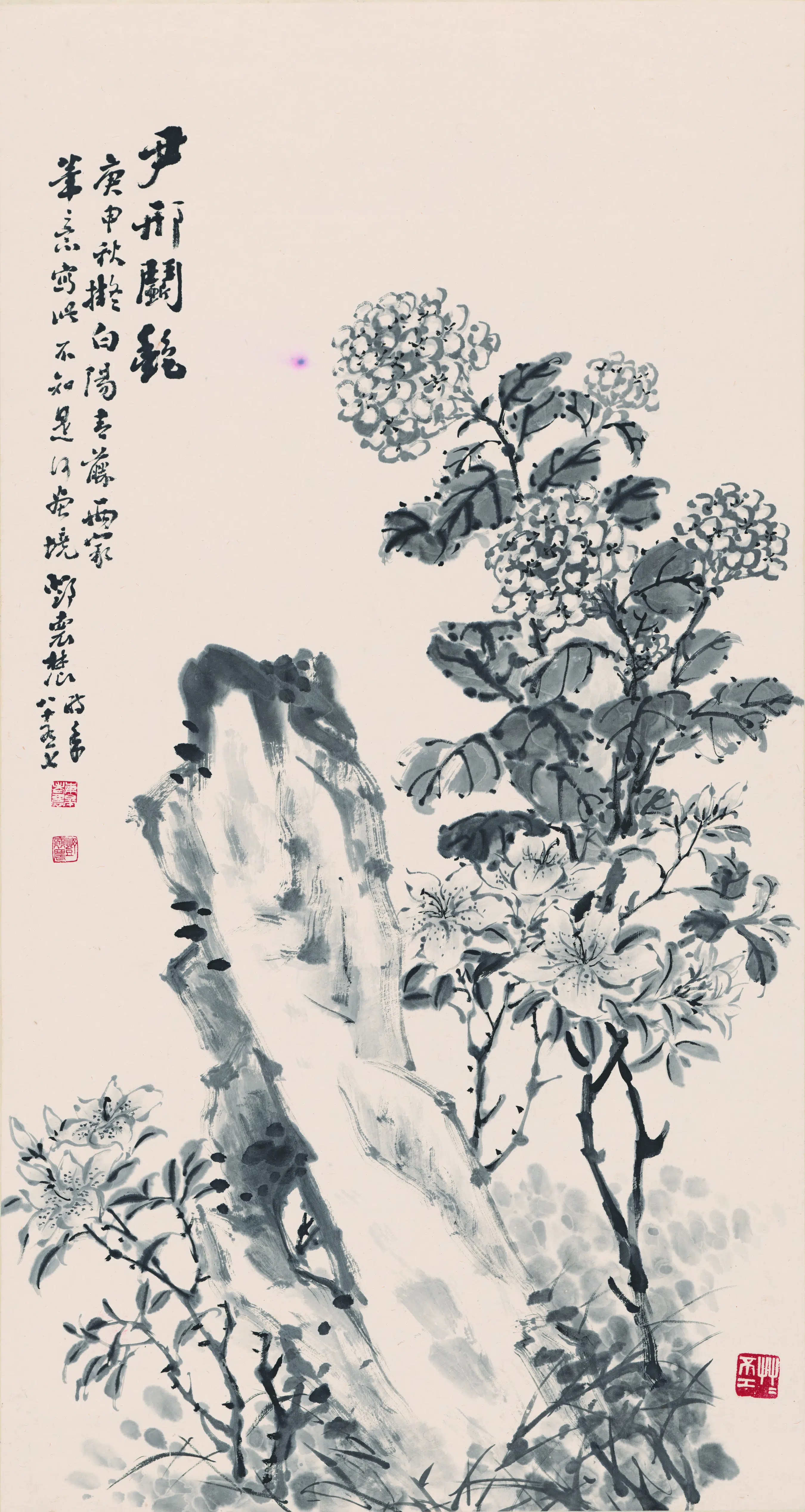 近现代【邓怀农】《墨色绣花图轴》