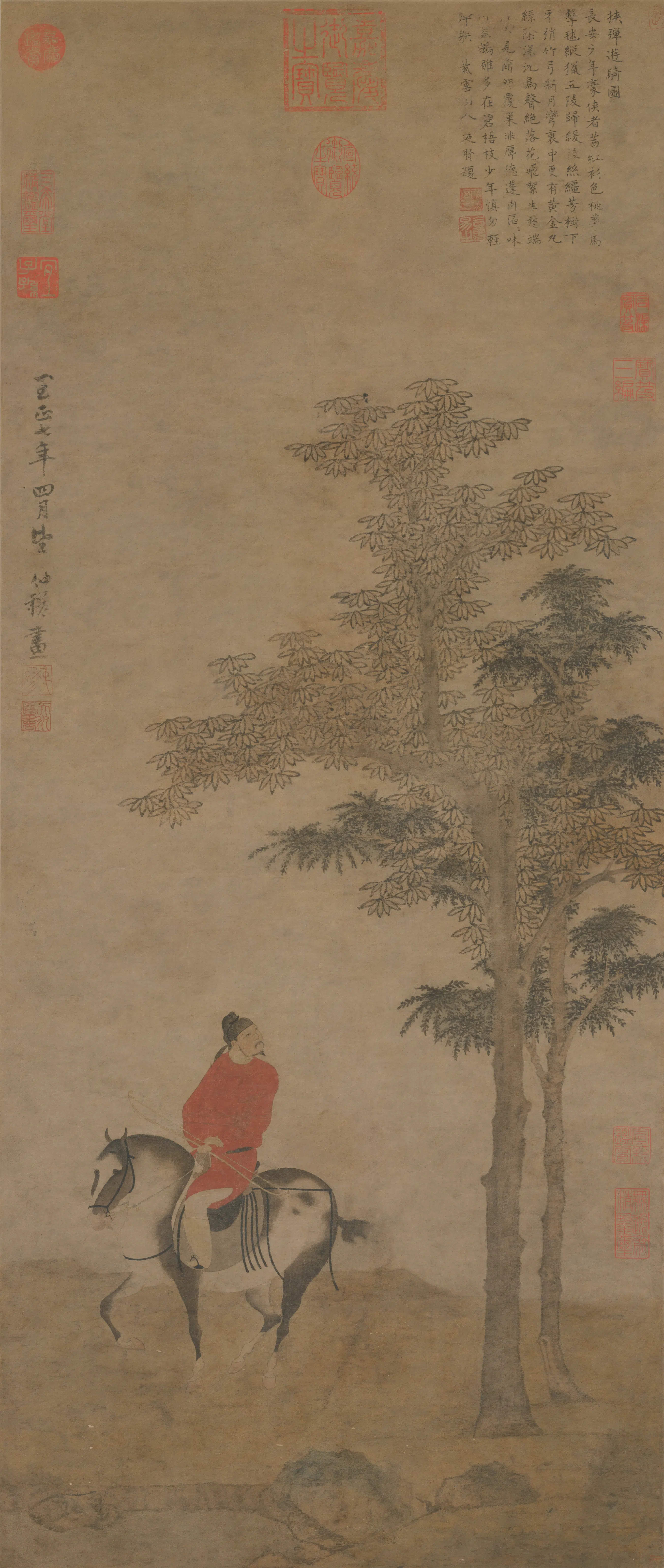元朝【赵雍】《挟弹游骑图轴》