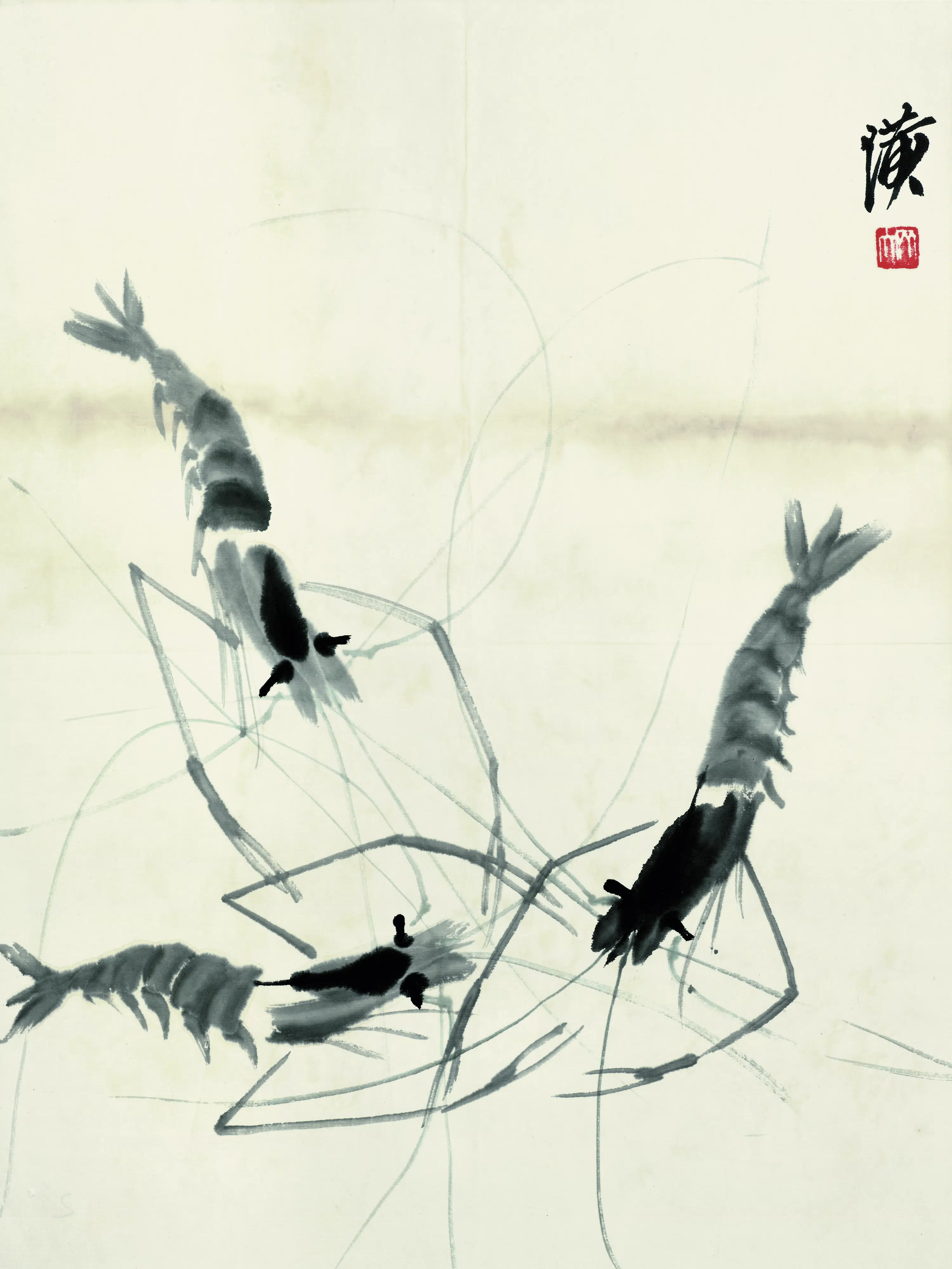 近现代【齐白石】《鱼虾册页之三尾墨虾》