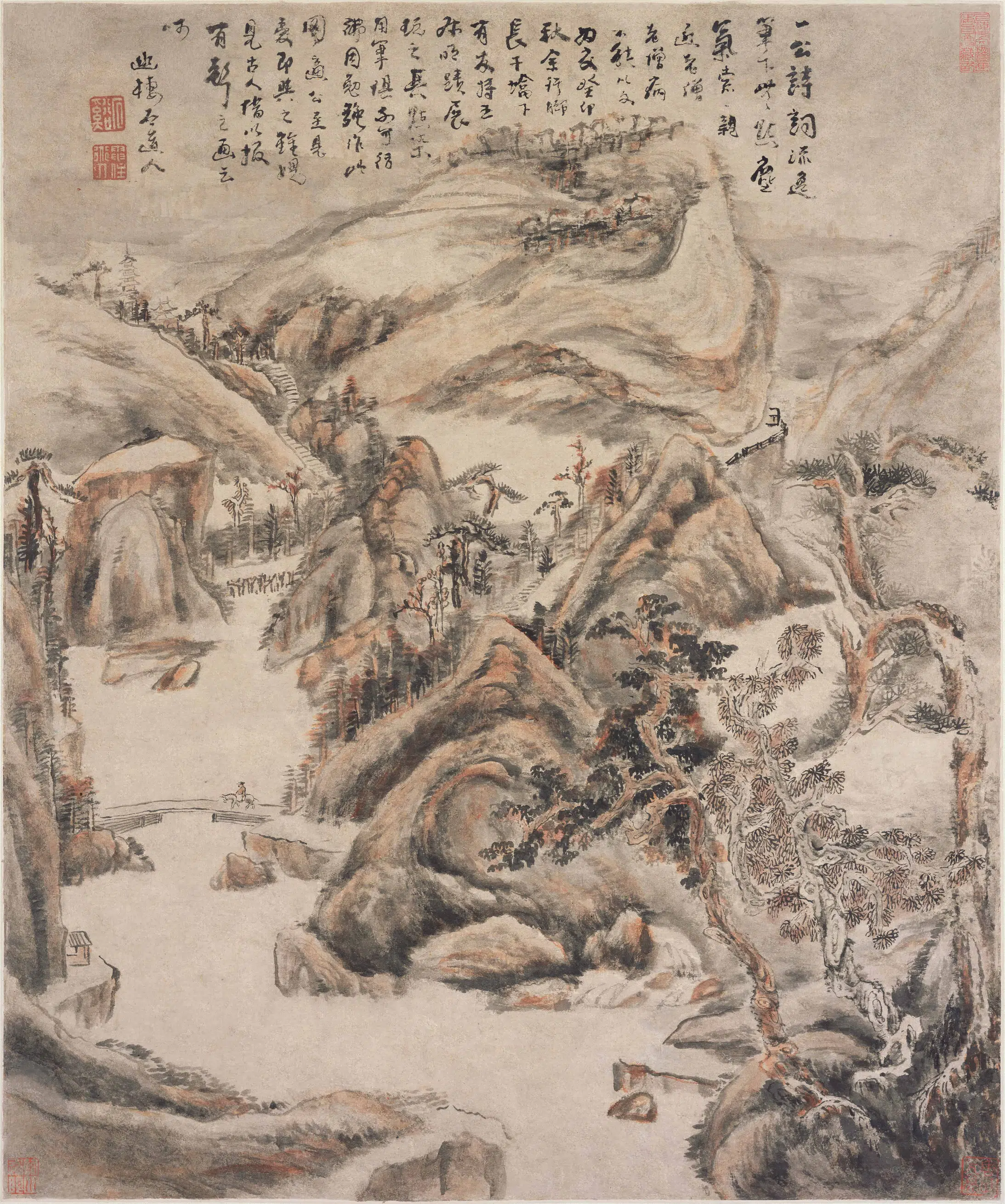清代【髡残(石谿)】《层峦晚霁图轴》