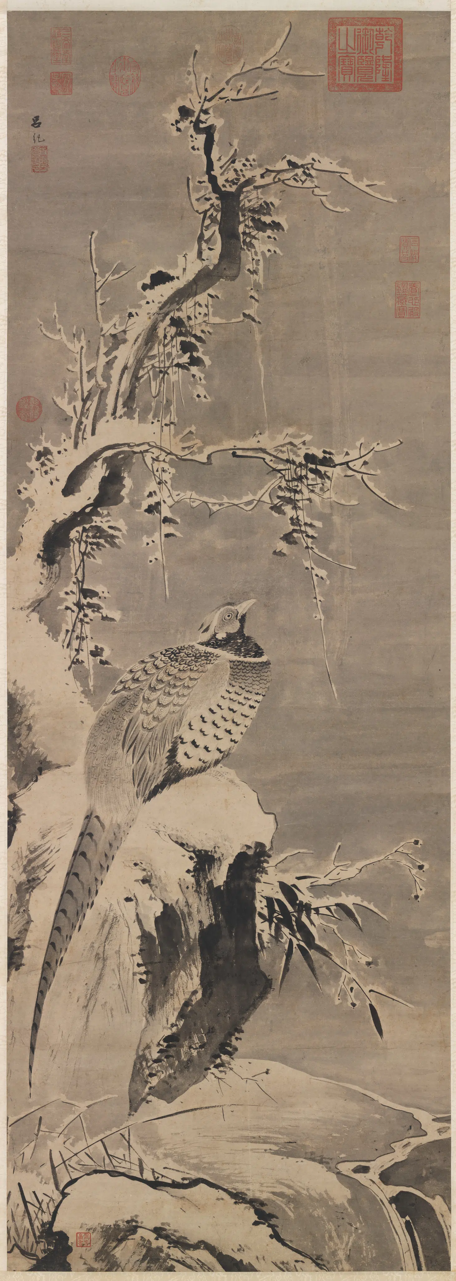 明朝【吕纪】《寒雪山鸡图轴》