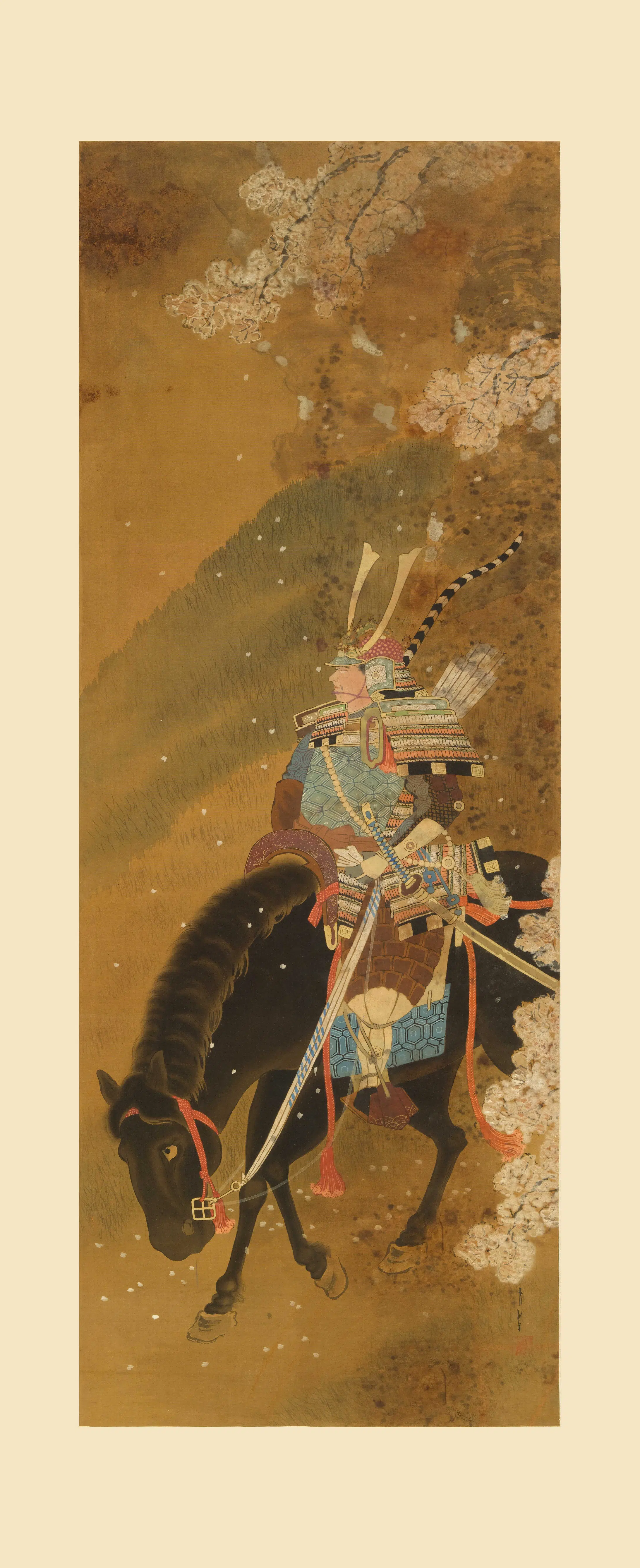 日本近现代【笠青峰】《武士图轴》