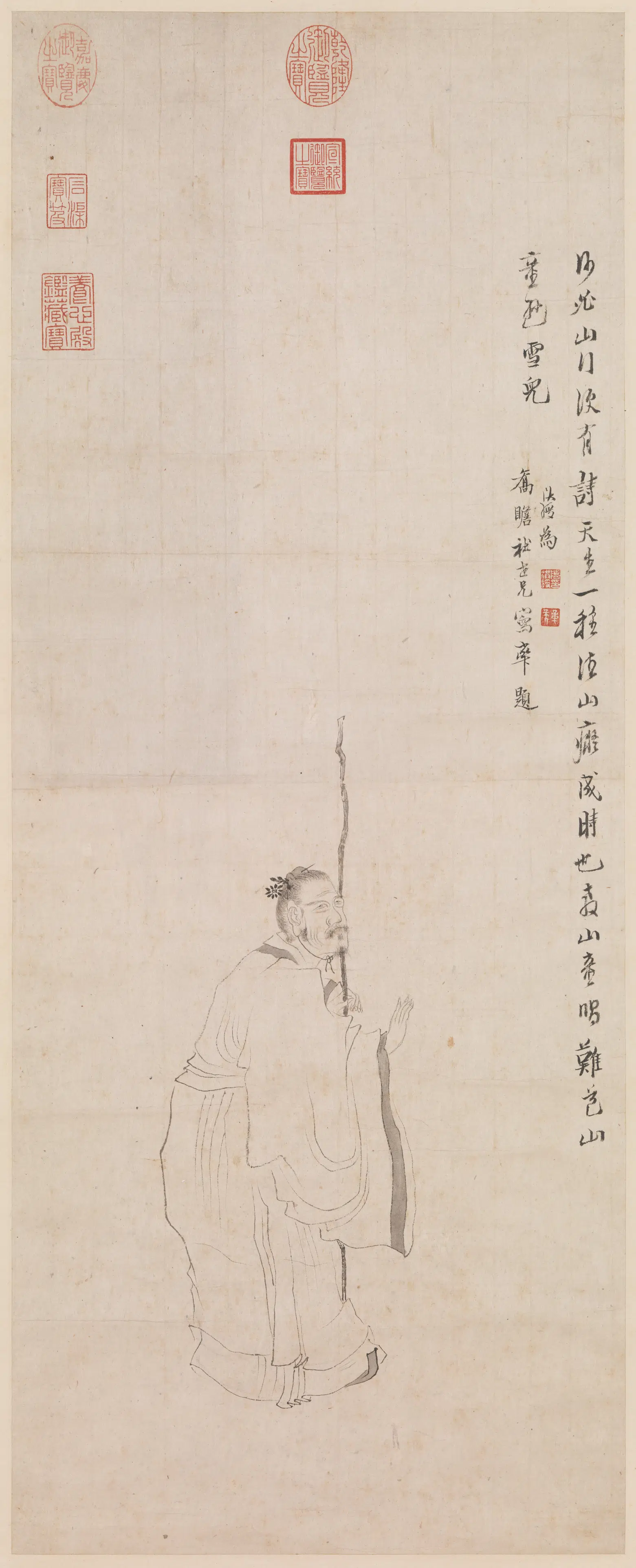 明朝【陈洪绶】《倚杖闲吟图轴》