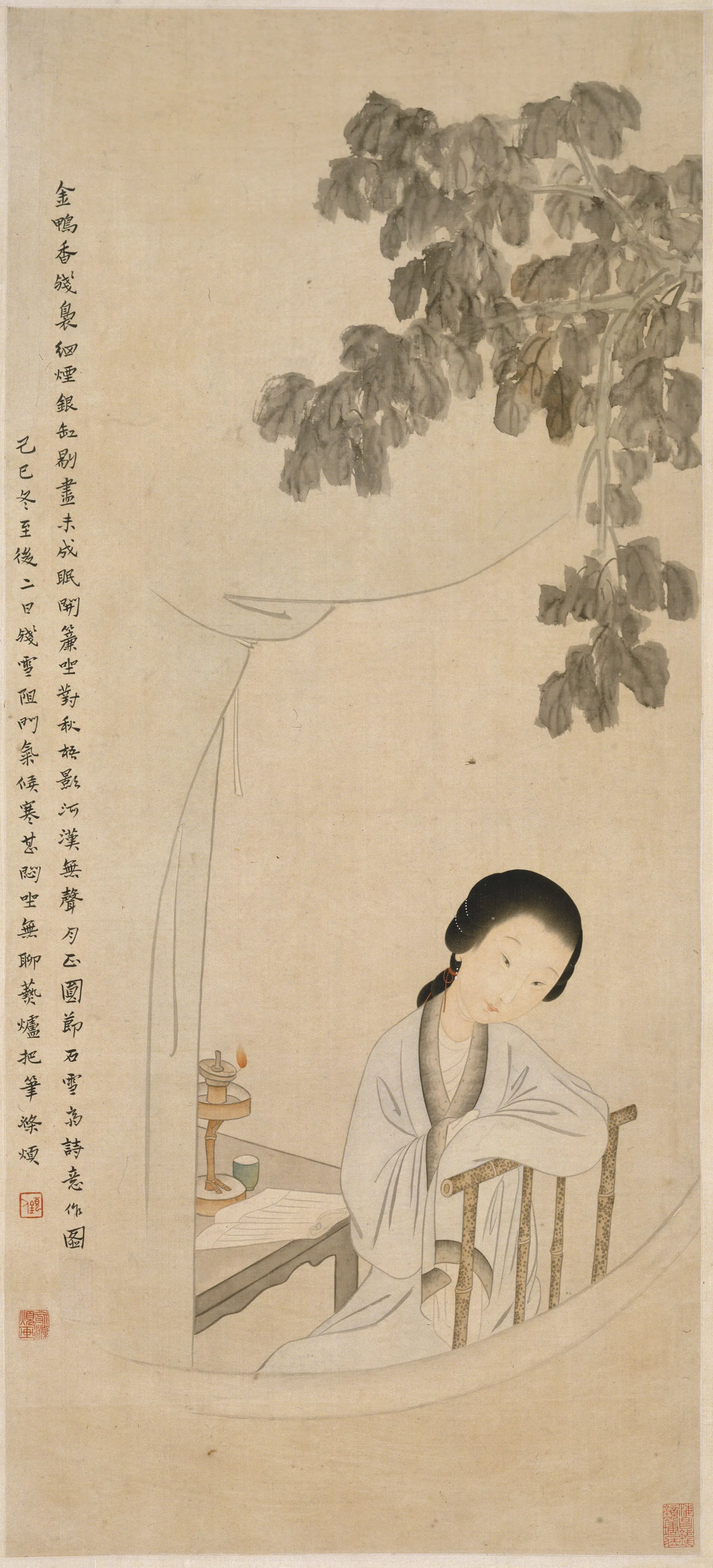 清代【俞明】《梧桐诗意图轴》