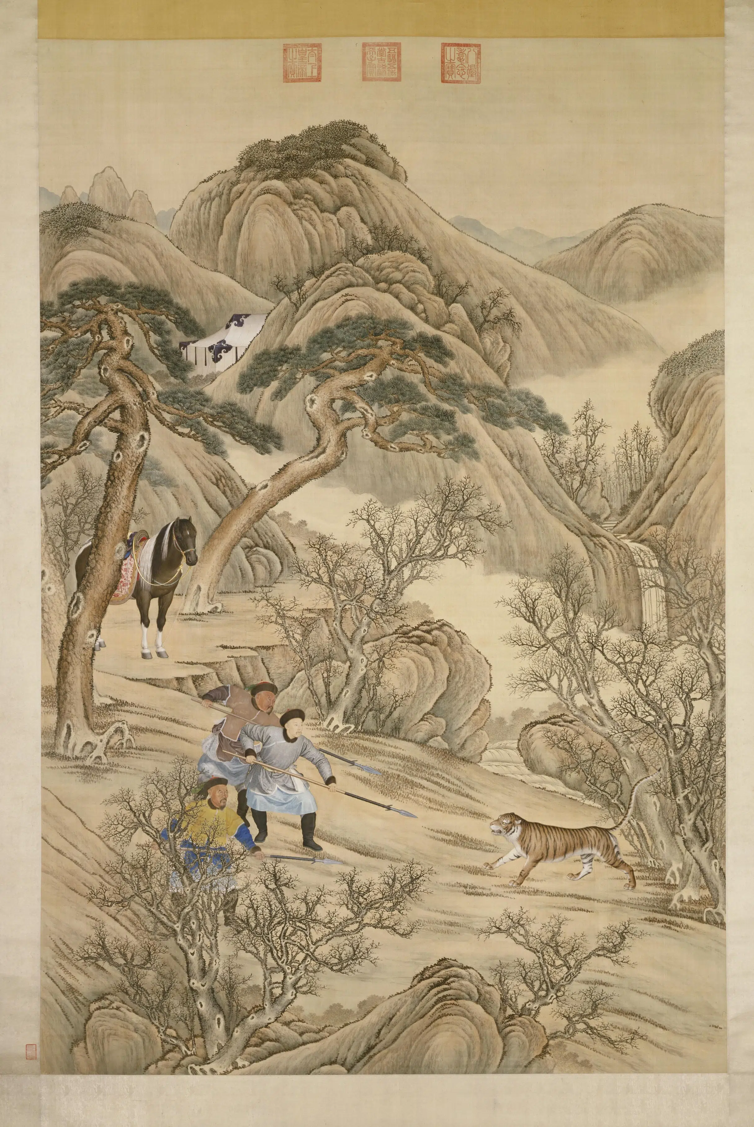 清代【郎世宁】《乾隆皇帝刺虎图轴》