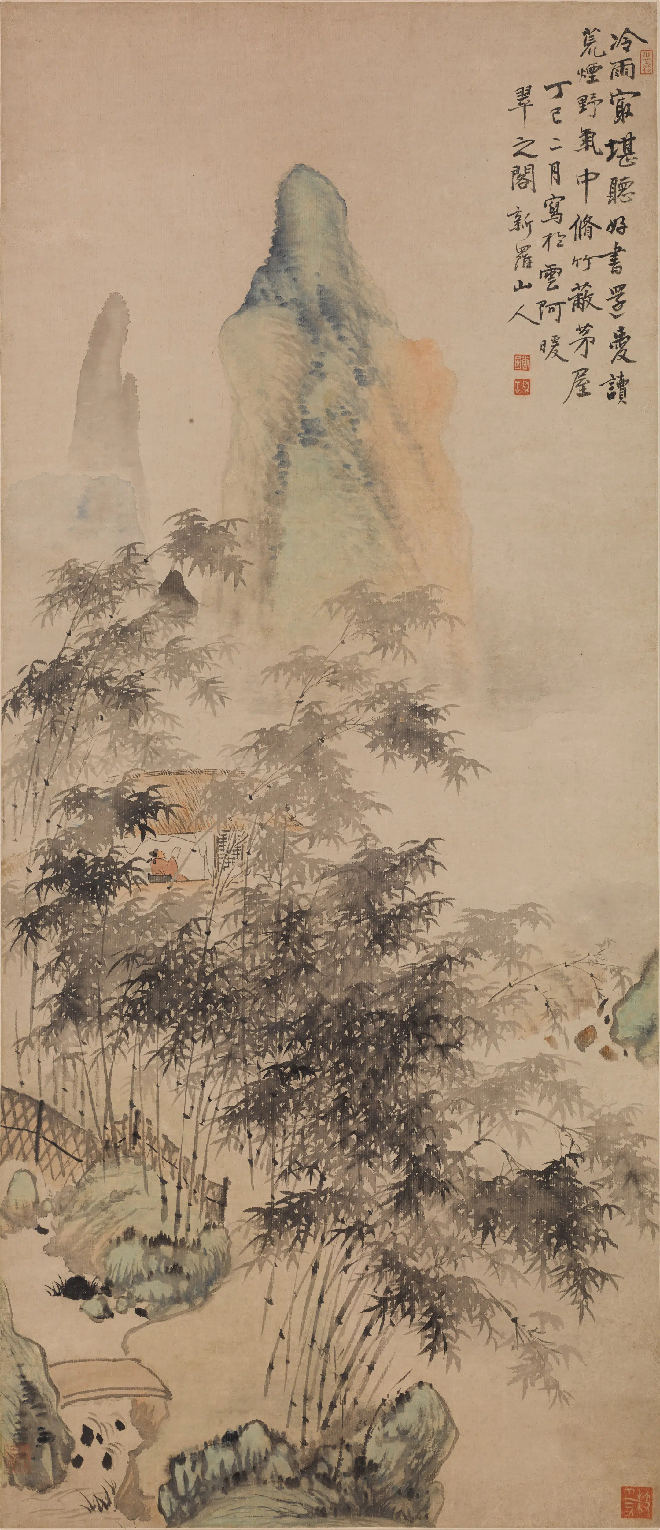 清代【华喦（华岩)】《茅屋雨竹图轴》