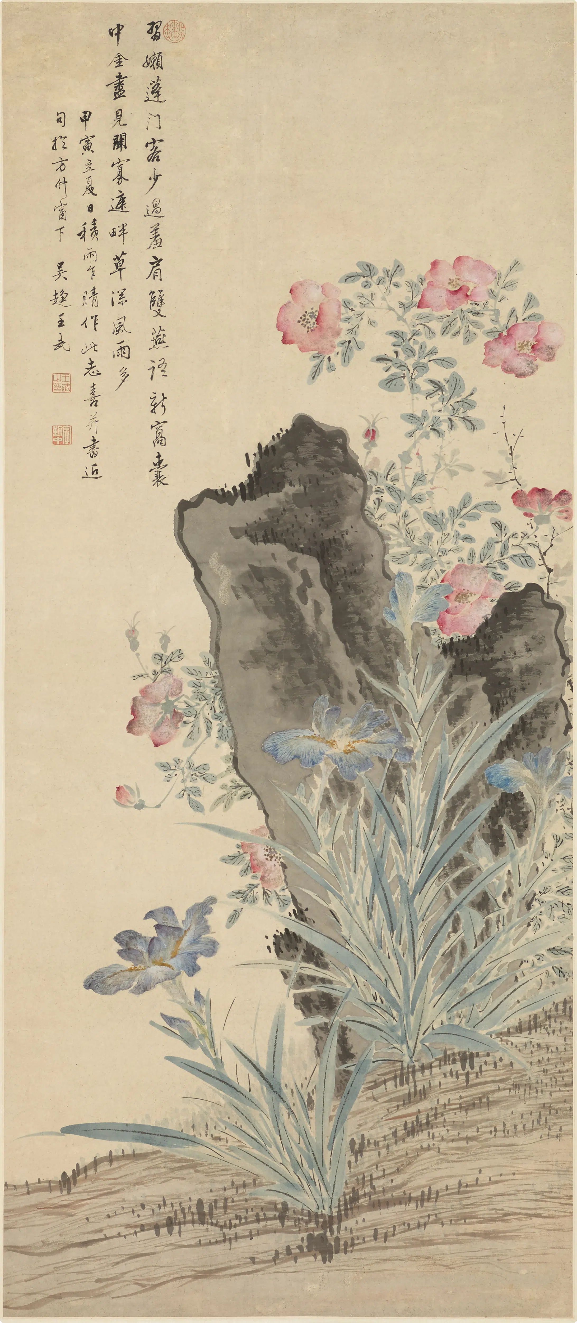 清代【王武】《蔷薇蝴蝶图轴》
