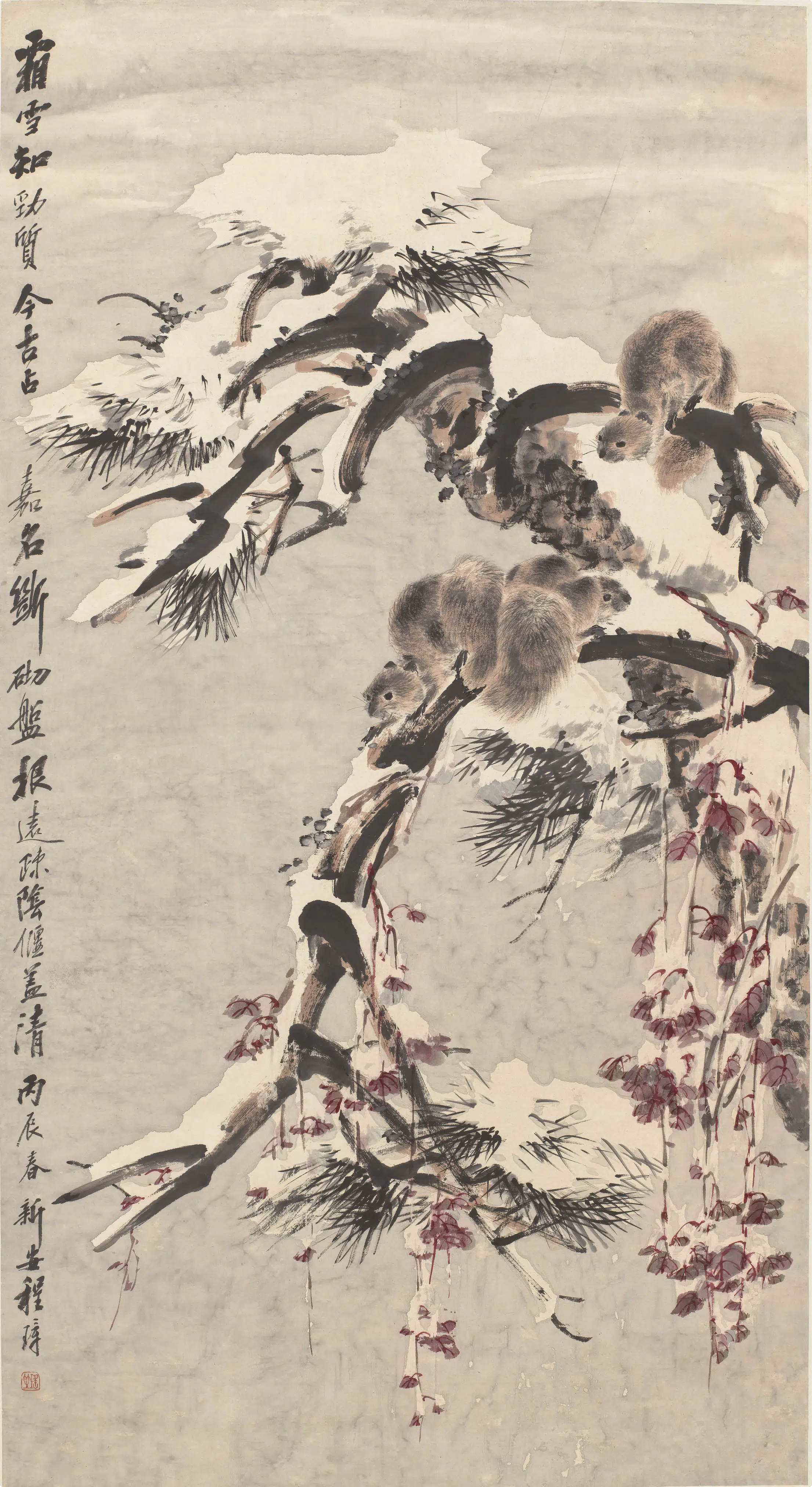 近现代【程璋】《霜雪松鼠图轴》