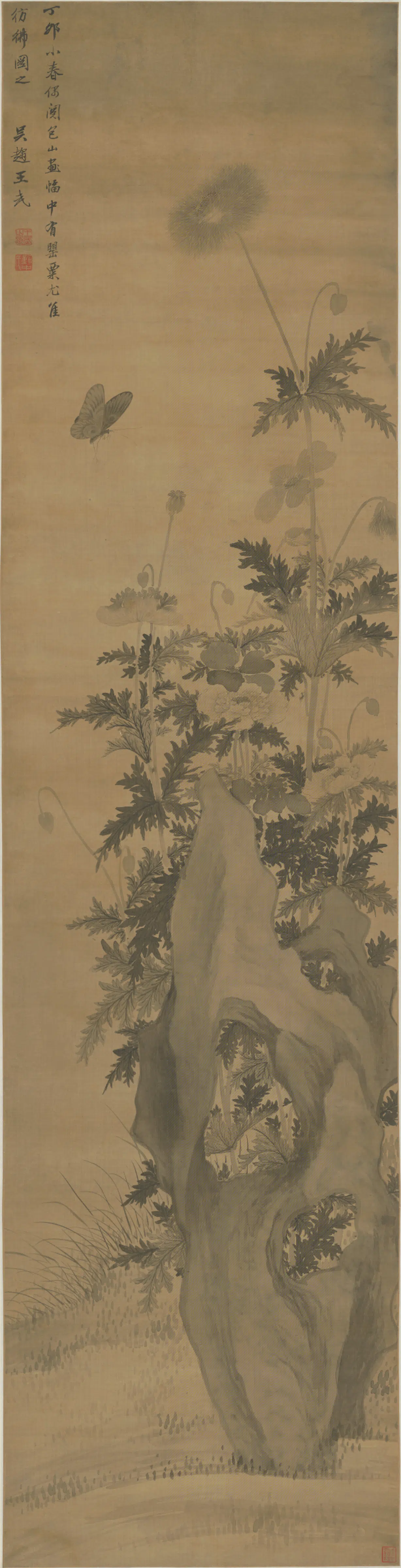 清代【王武】《罂粟蛱蝶图轴》