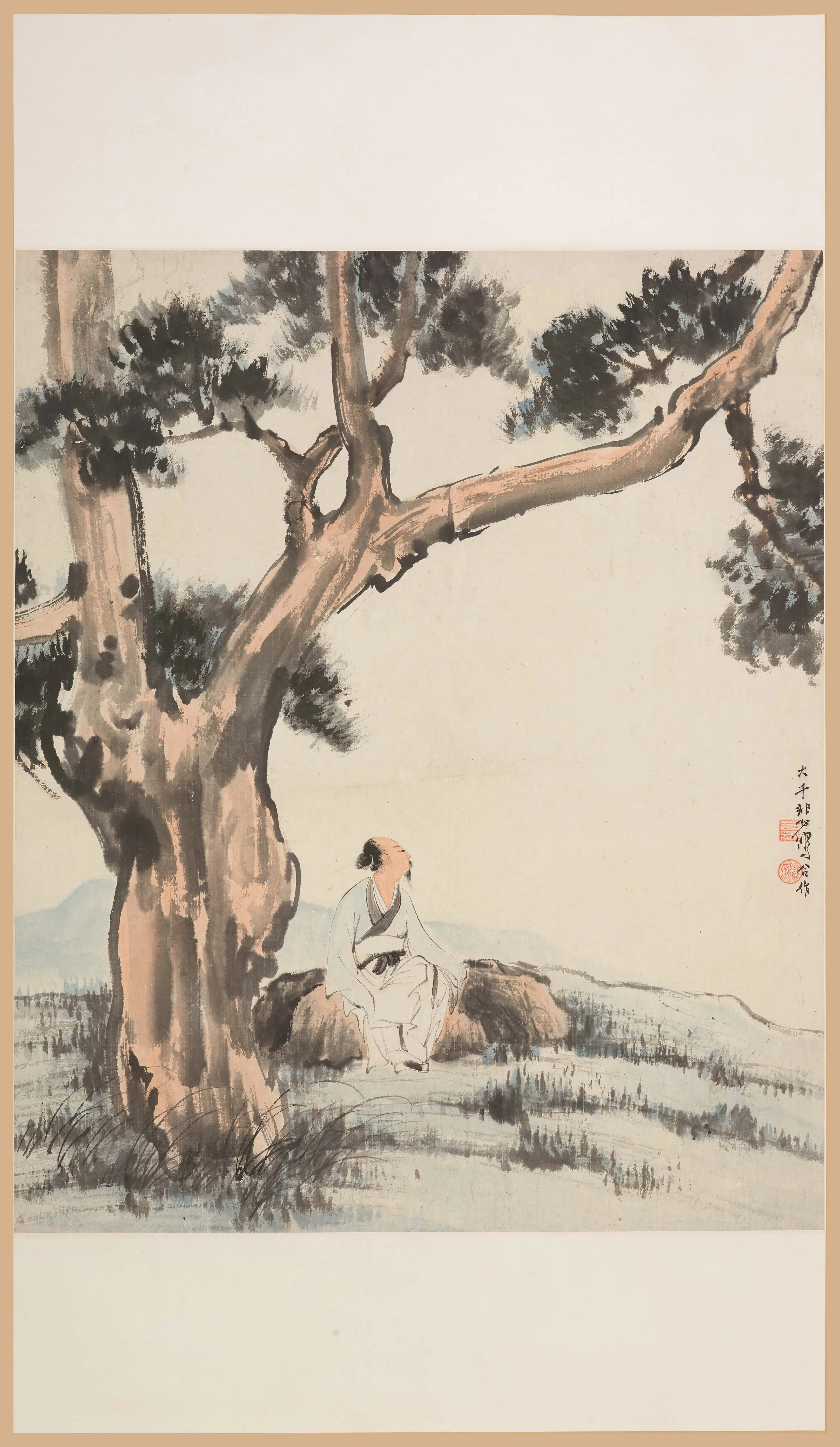 近现代【张大千】《徐悲鸿松石高士图轴》