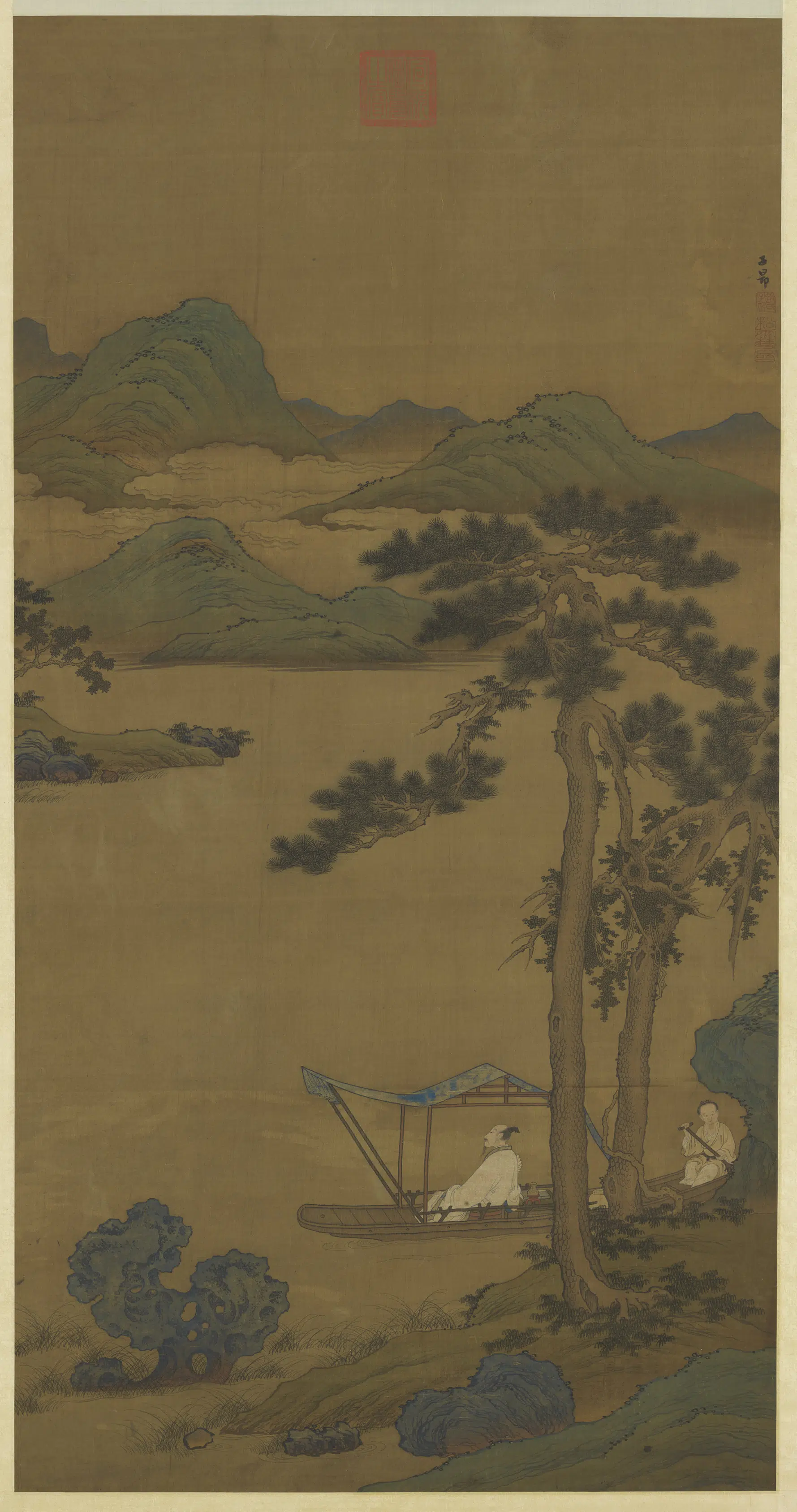 元朝【赵孟頫】《松阴晚棹图轴》