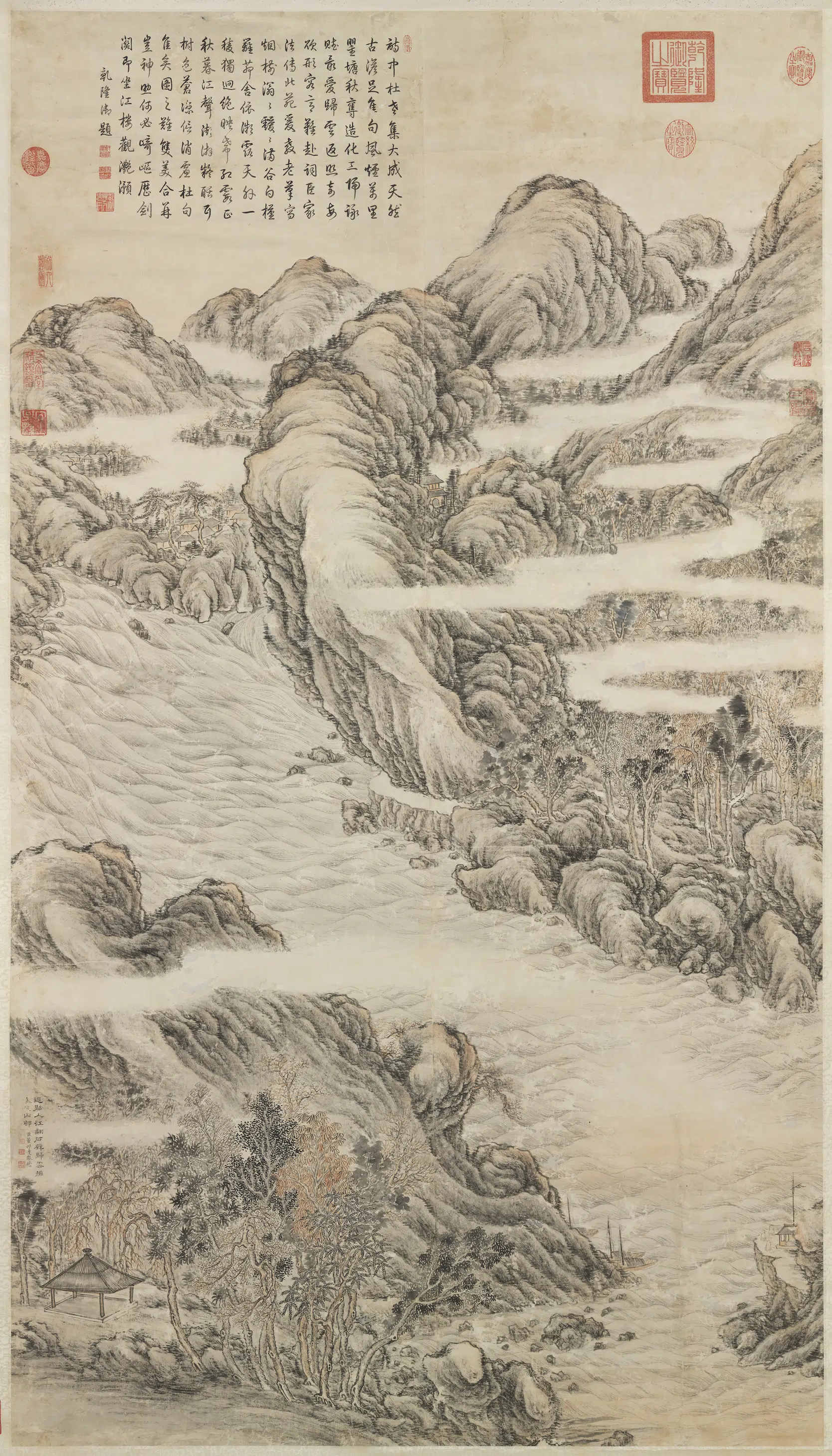 清代【董邦达】《画杜甫诗意高宗御题图轴》