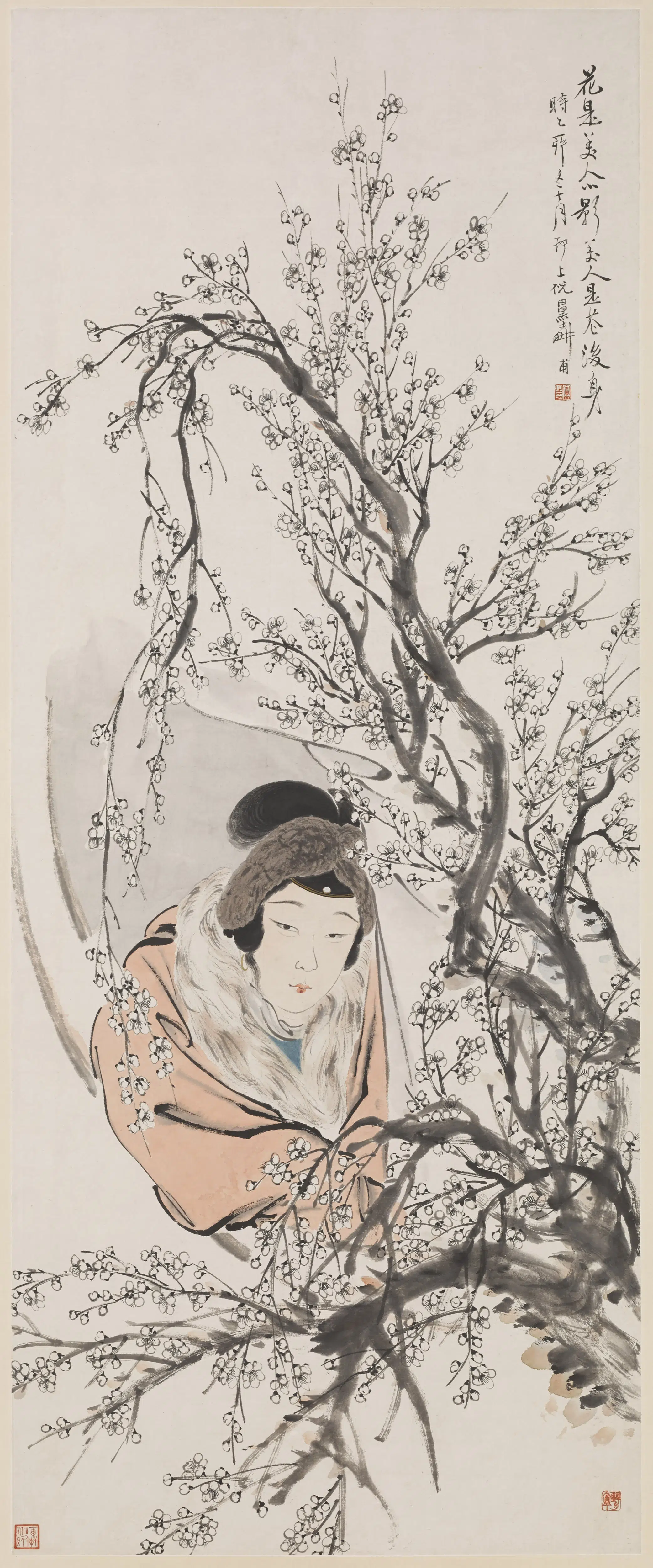 清代【倪田】《设色梅花仕女轴》