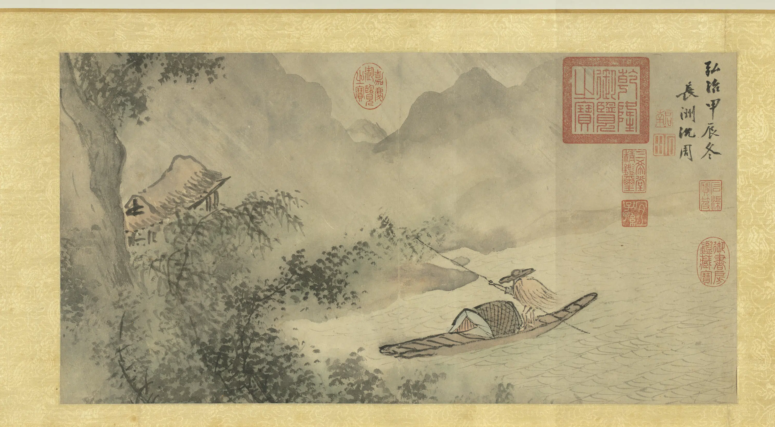 明朝【沈周】《法宋人笔意卷春江雨艇图》