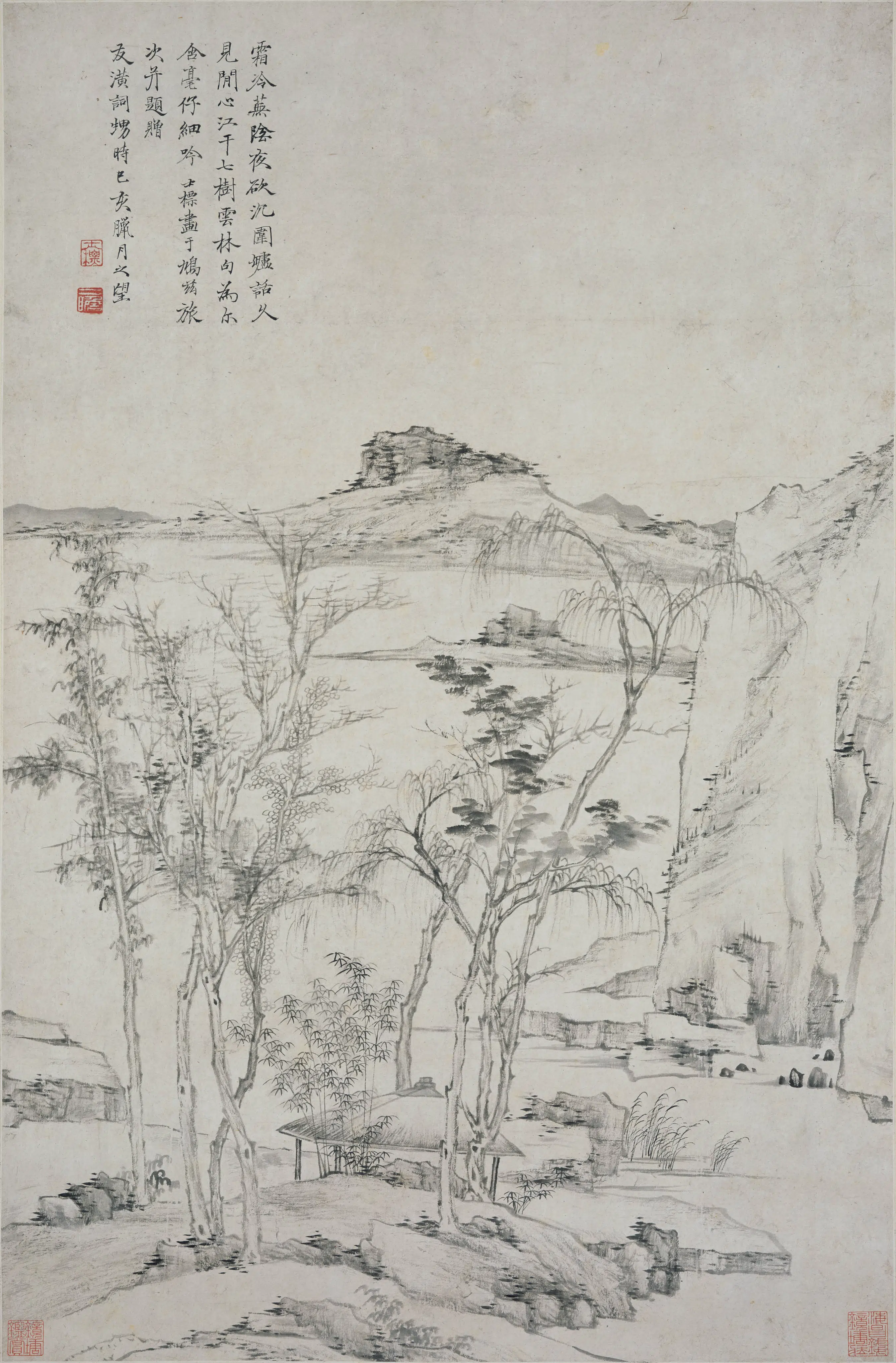 清代【查士标】《江边乔木图轴》