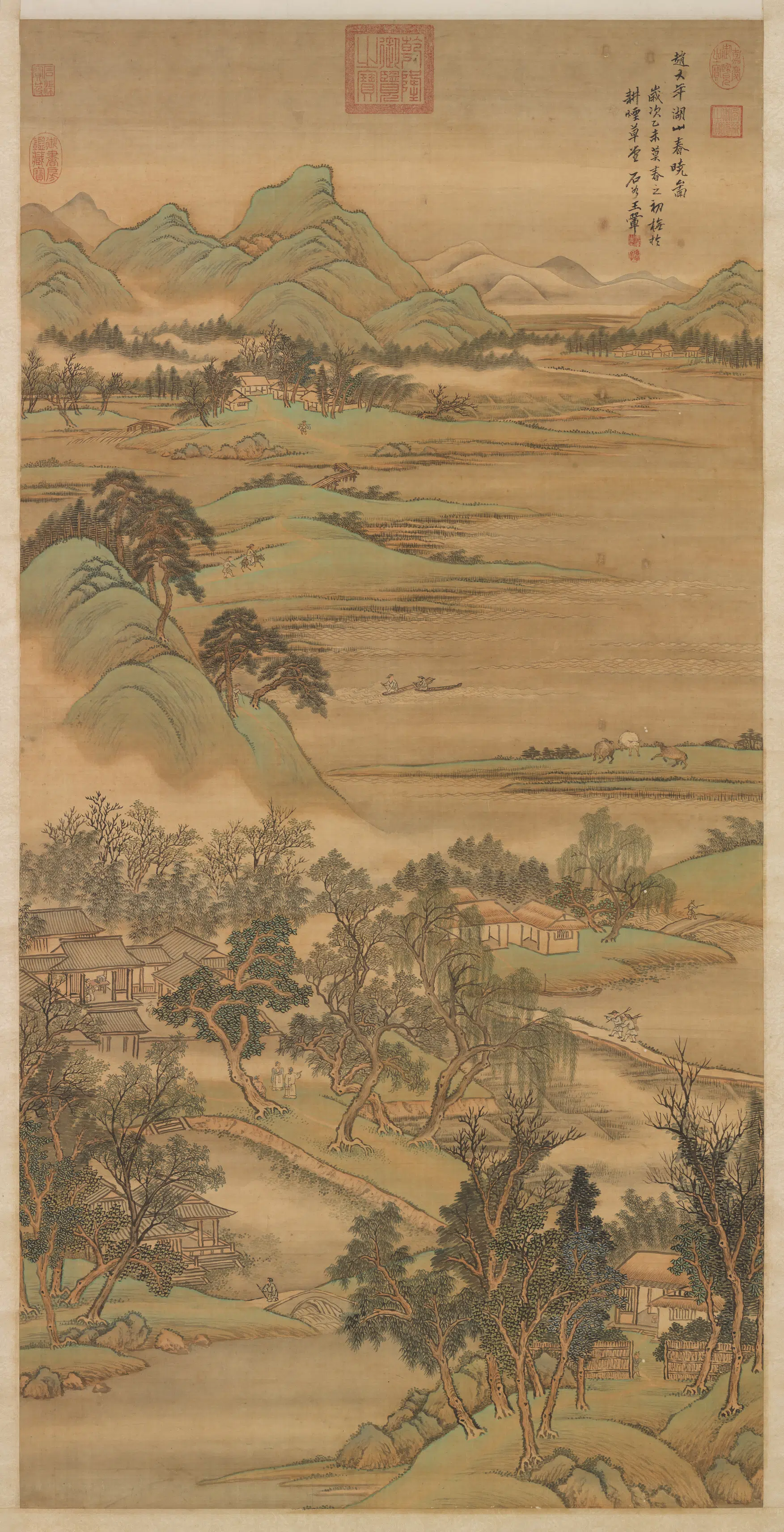 清代【王翚】《仿赵大年湖山春晓图轴》