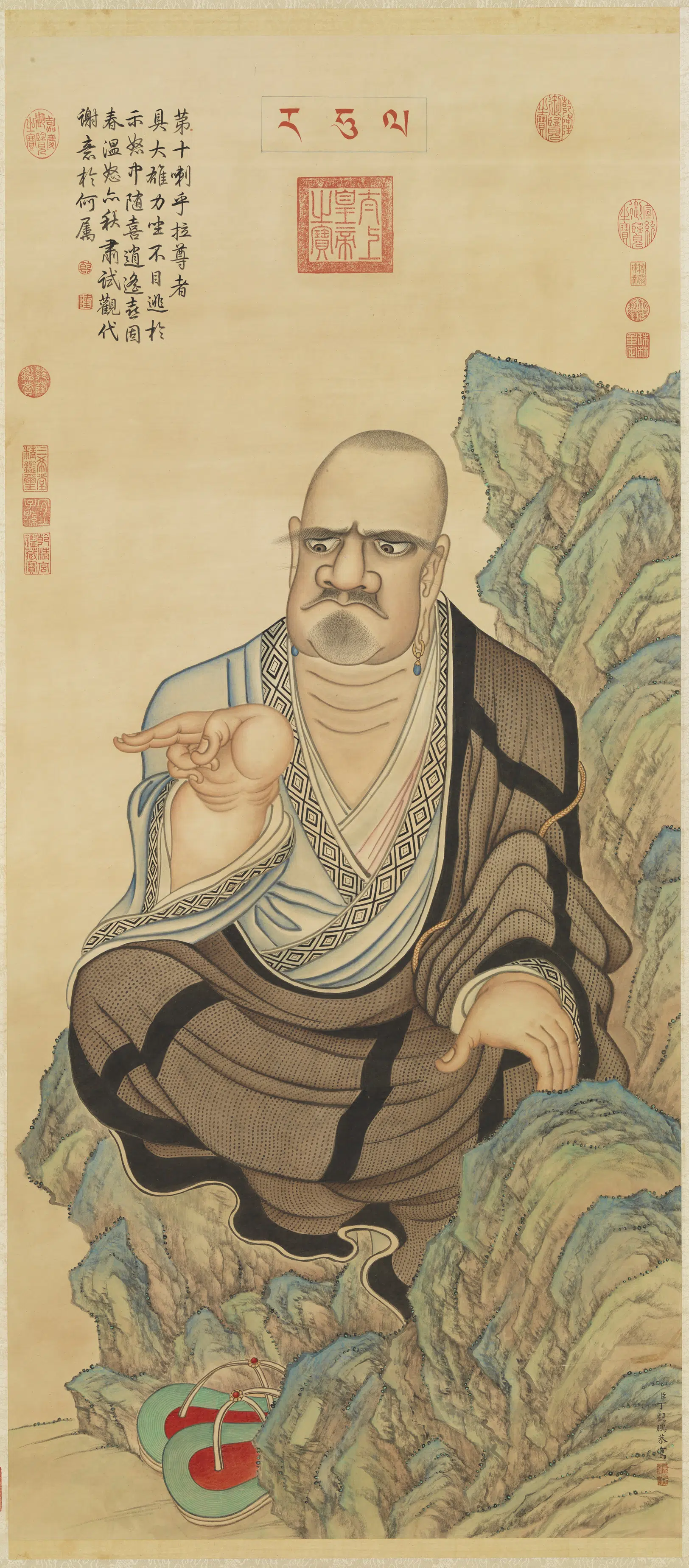 清代【丁观鹏】《十六罗汉像（十）第十喇呼拉尊者图轴》