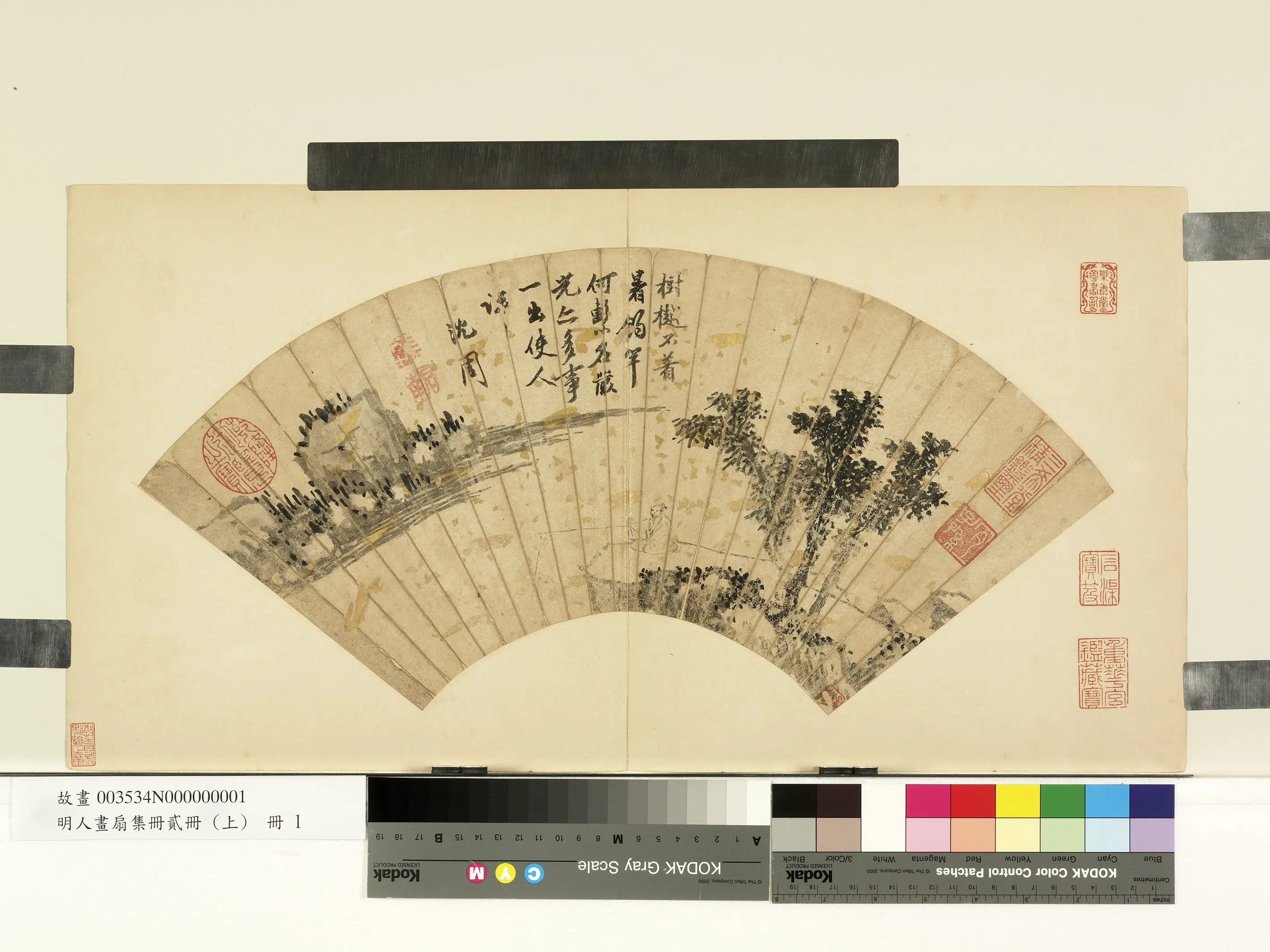 明朝【沈周】《树阴垂钓图_明人画扇集册上册》