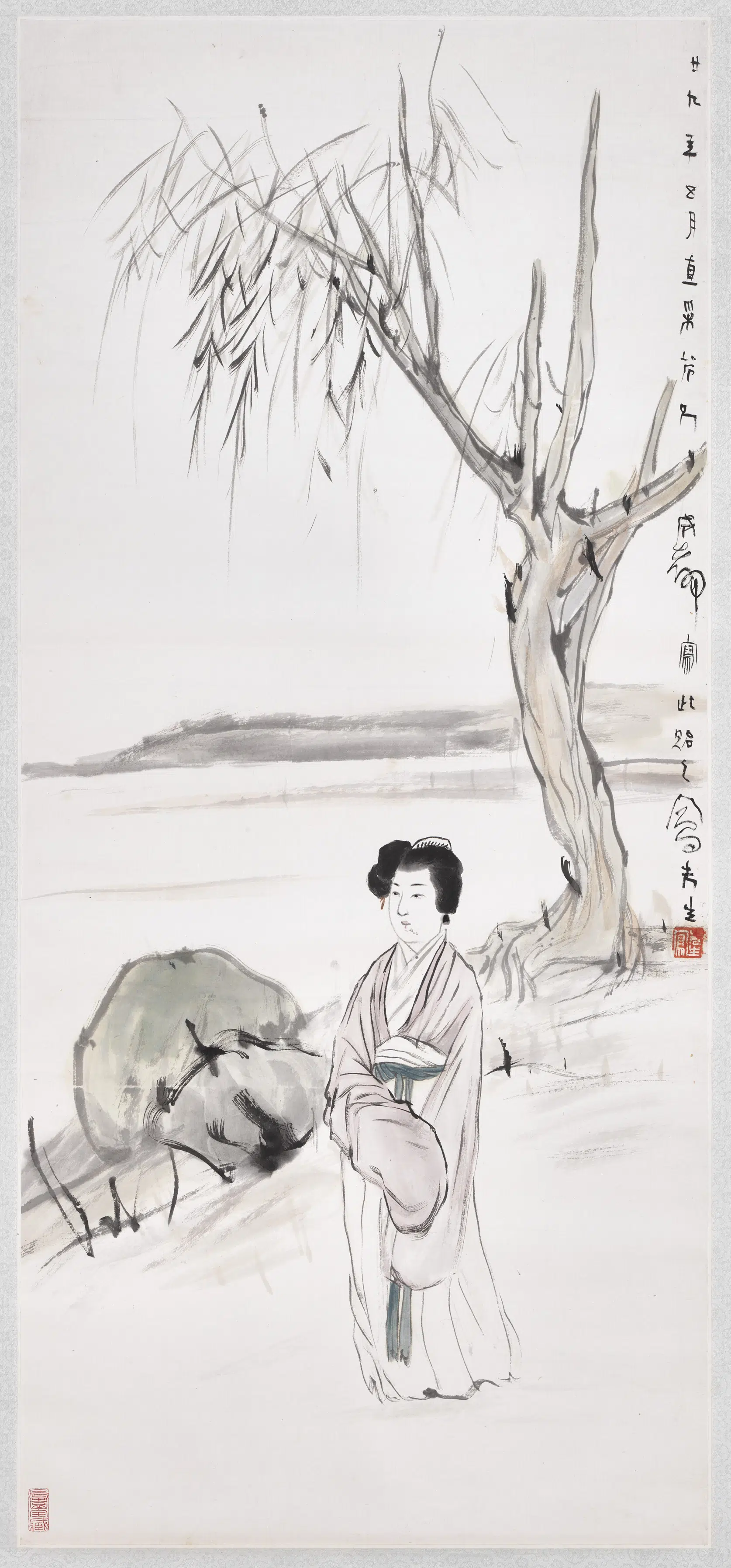 近现代【吕凤子】《柳荫仕女图轴》