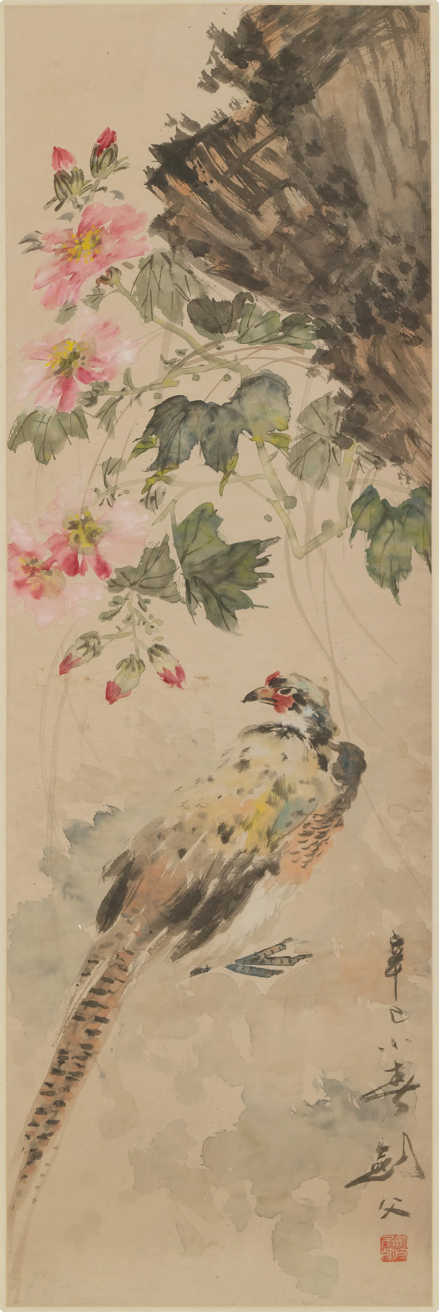 近现代【高剑父】《锦鸡芙蓉图轴》