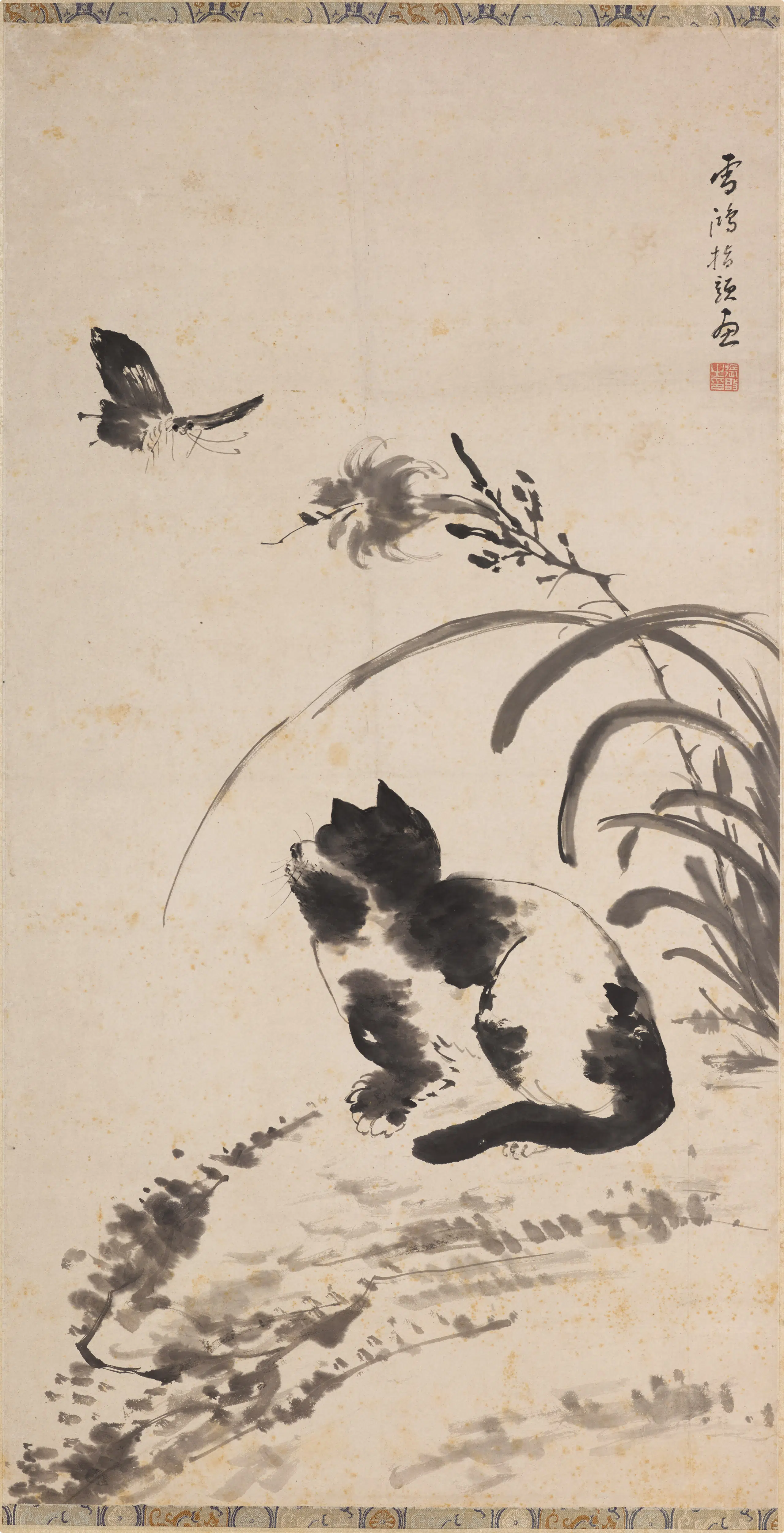 清代【张敔】《指画猫蝶图轴》