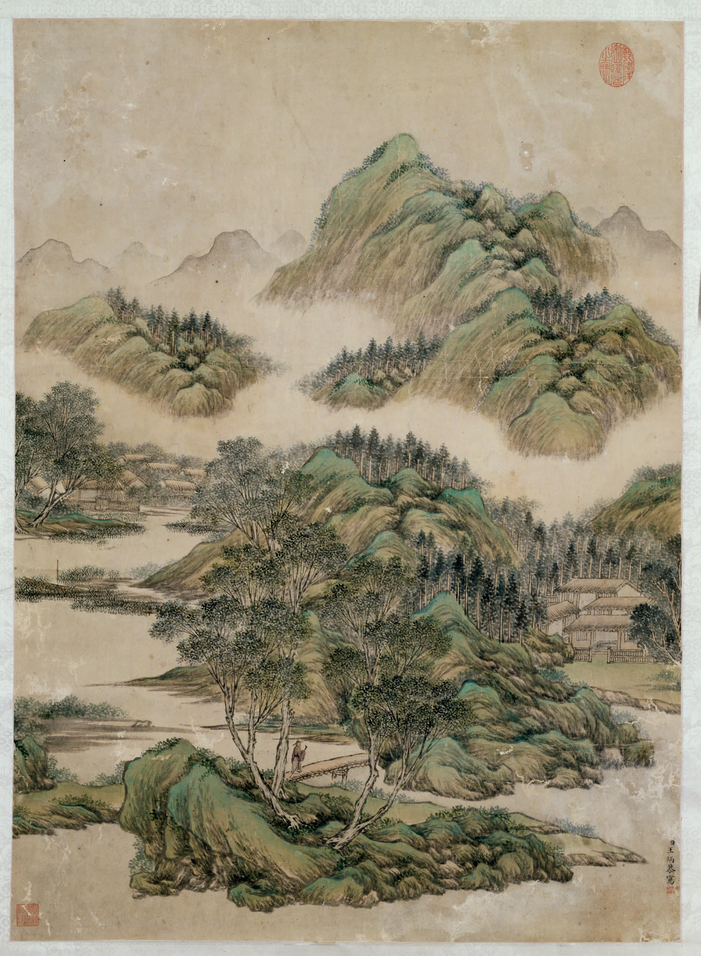 清代【王炳】《溪桥策杖图轴》