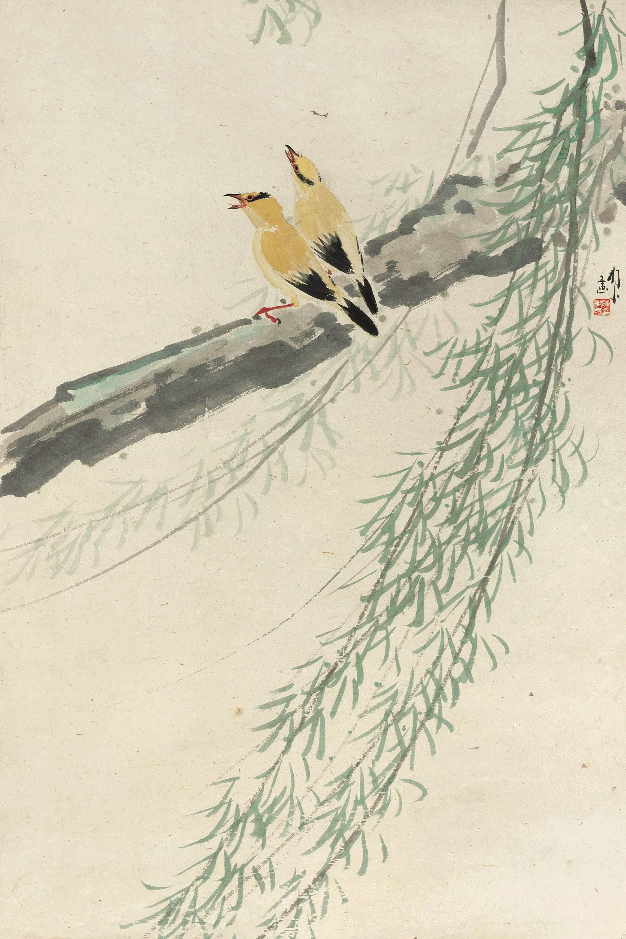 近代【陈树人】《两个黄鹂鸣翠椰轴》